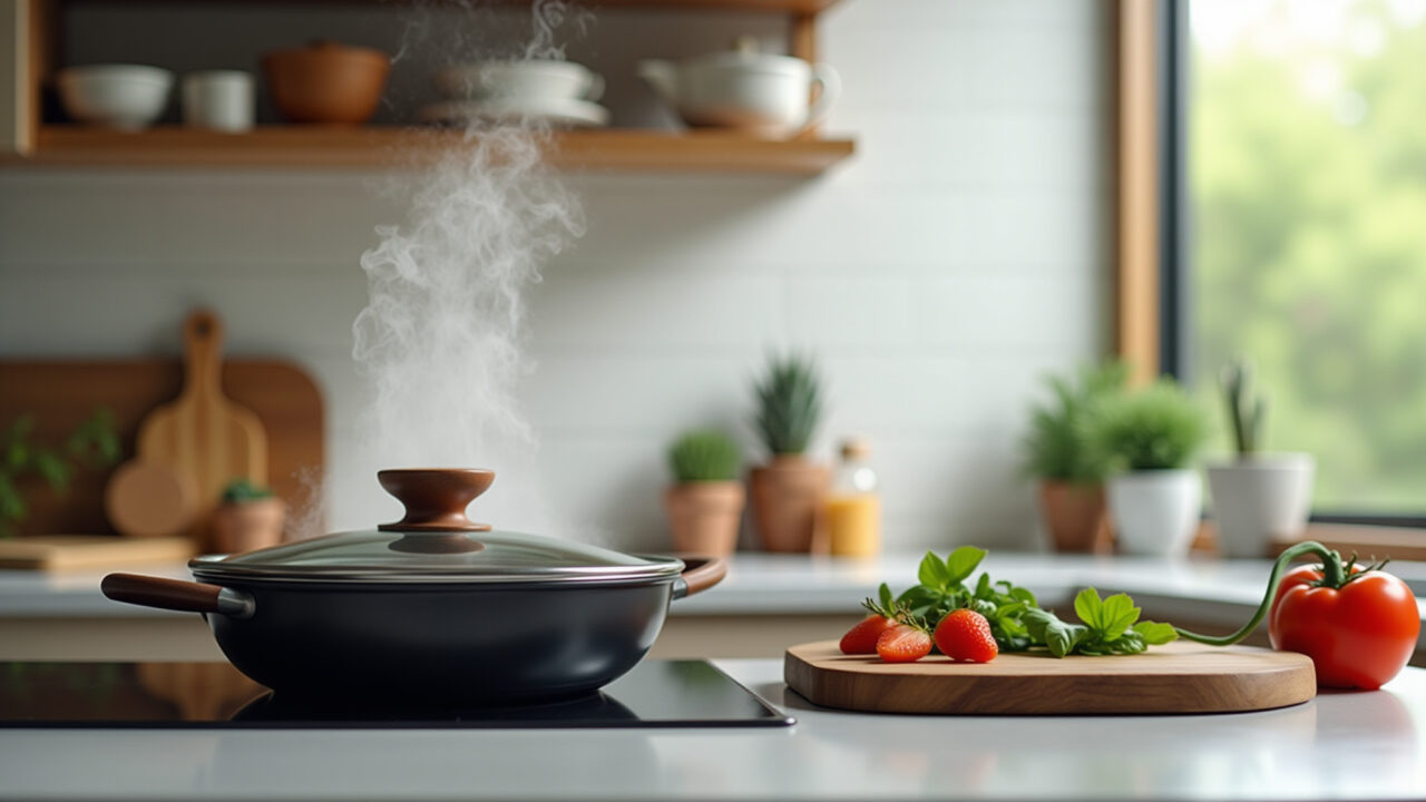 Panela com tampa na cozinha, reduzindo o vapor.