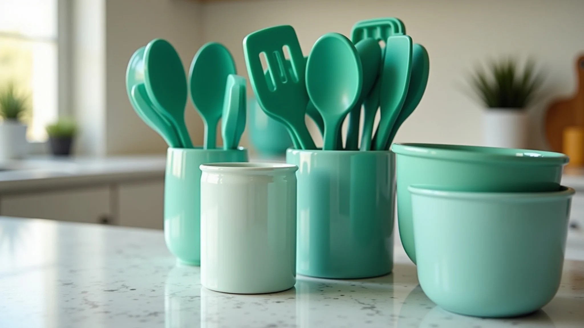 Cozinha com utensílios verde esmeralda e bancadas de mármore branco.