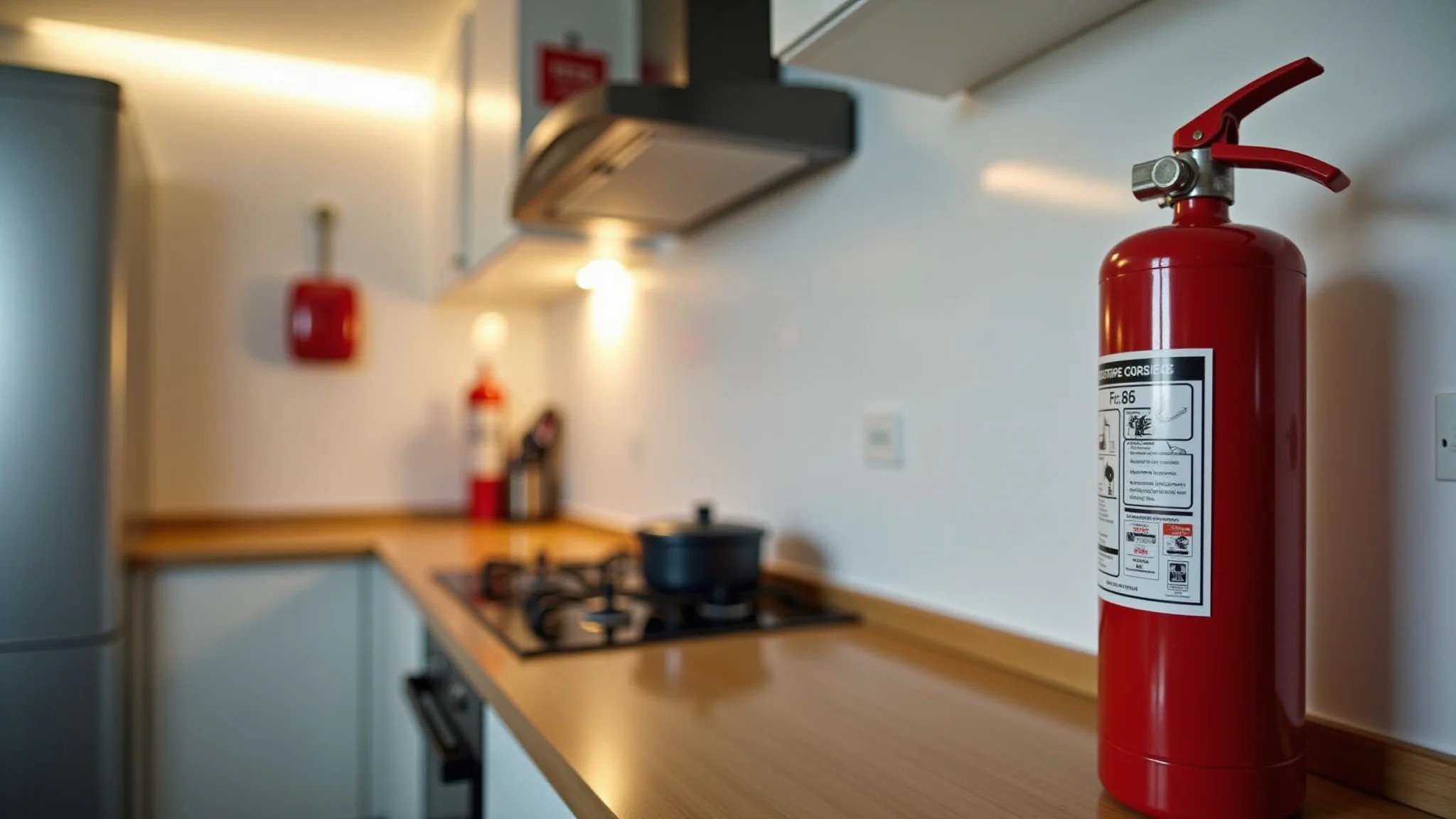 Cozinha com extintor e detector de fumaça, priorizando a segurança.
