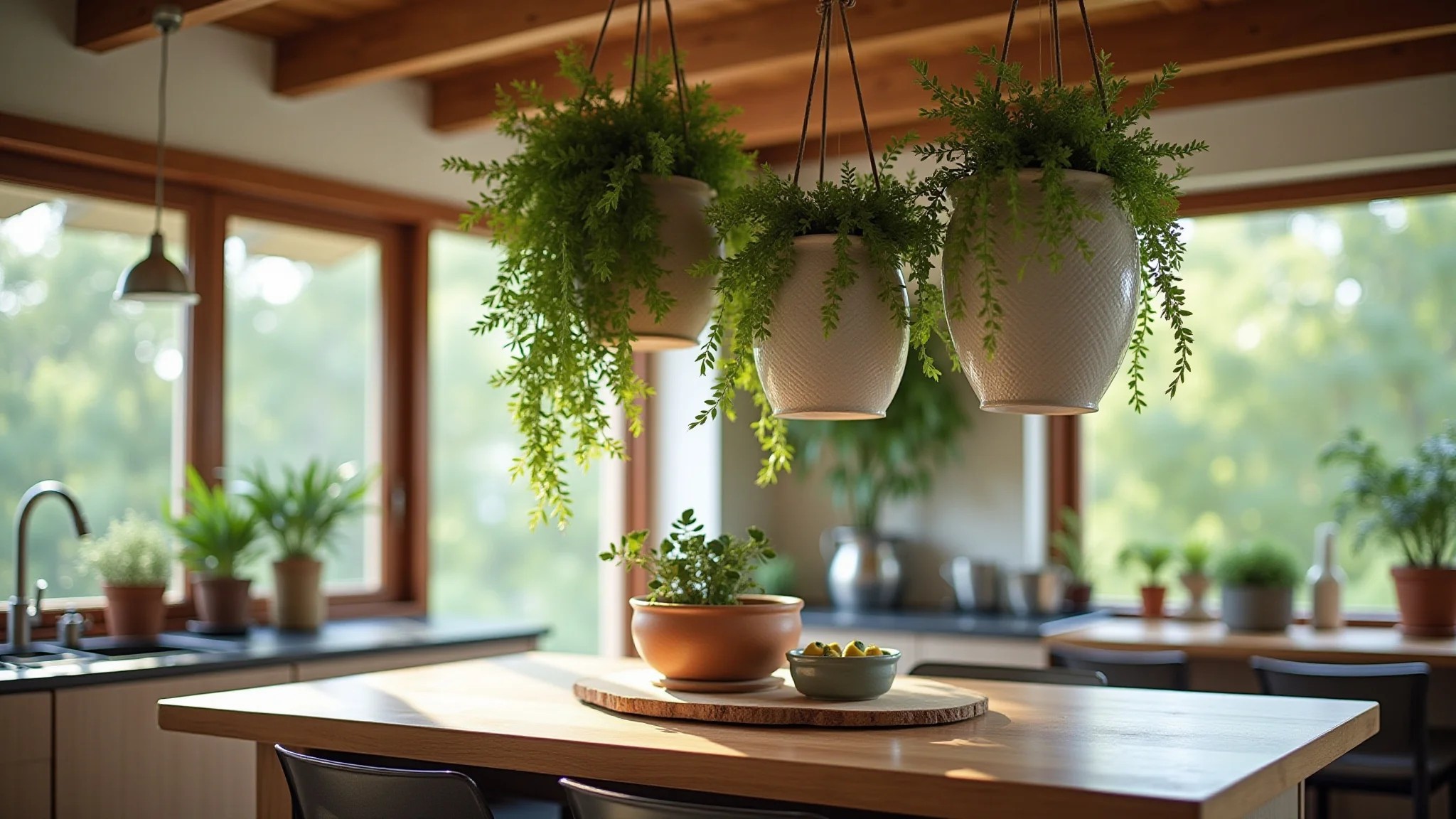 Cozinha com plantas pendentes em vasos de cerâmica, luz natural e detalhes em madeira.