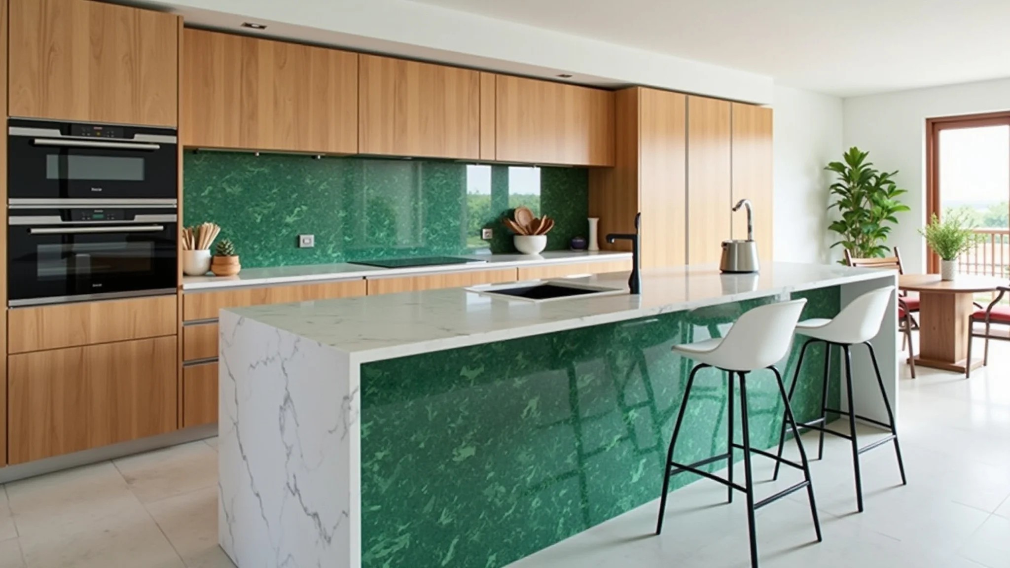 Cozinha com ilha verde jade e bancadas de mármore branco.