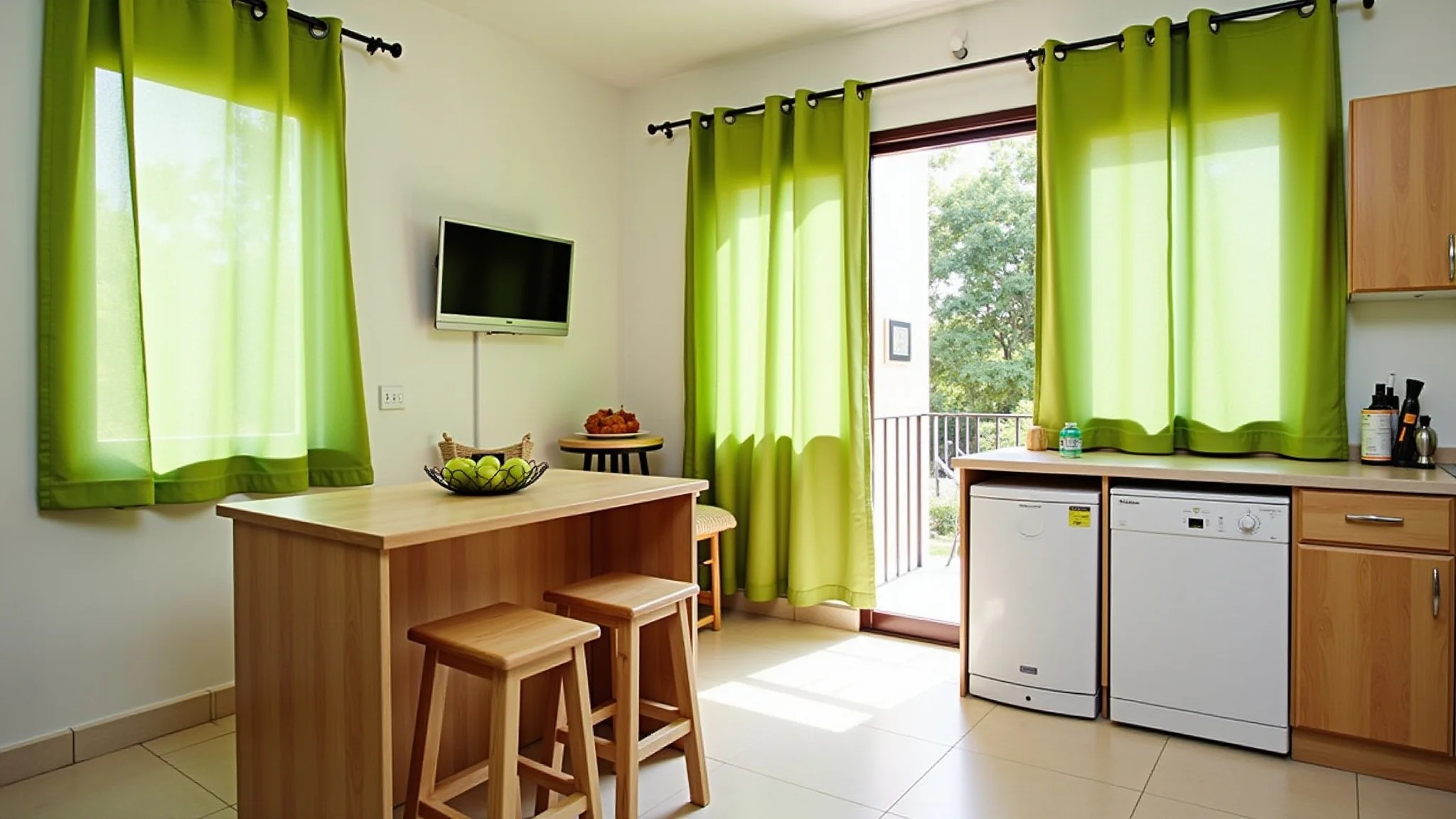 Cozinha com cortinas verde limão e paredes claras.