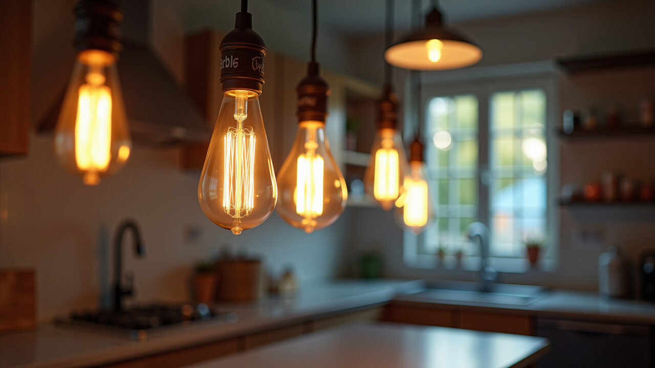 Cozinha com pendentes de lâmpadas de filamento, estilo industrial e funcional.