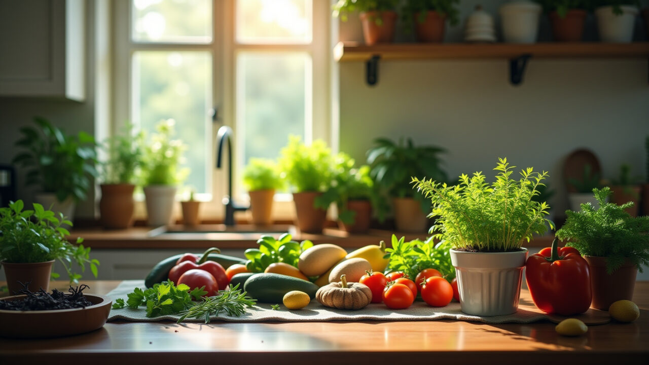 Cozinha com plantas e ervas, luz natural e cores vibrantes.
