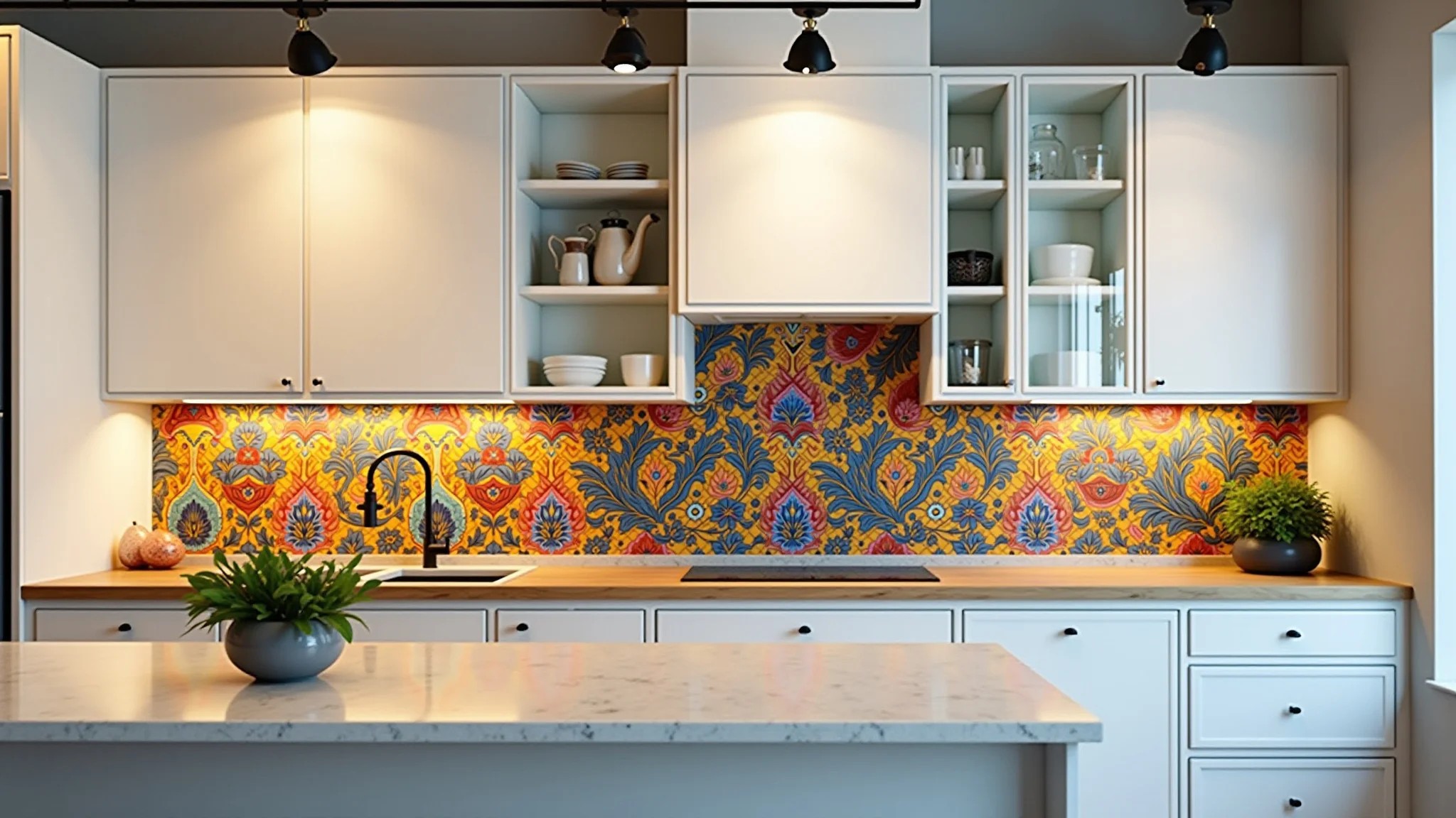 Cozinha com spots trilho destacando cerâmica brasileira colorida.