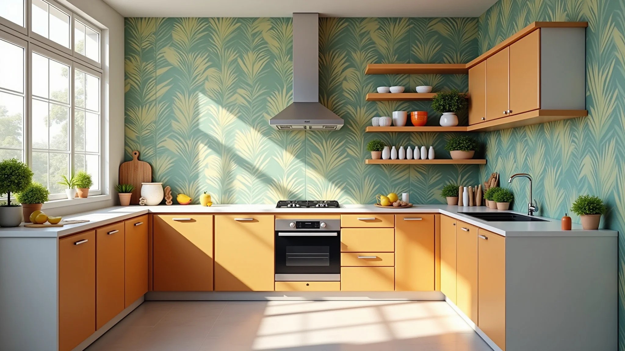 Cozinha com papel de parede tropical e móveis de madeira clara.