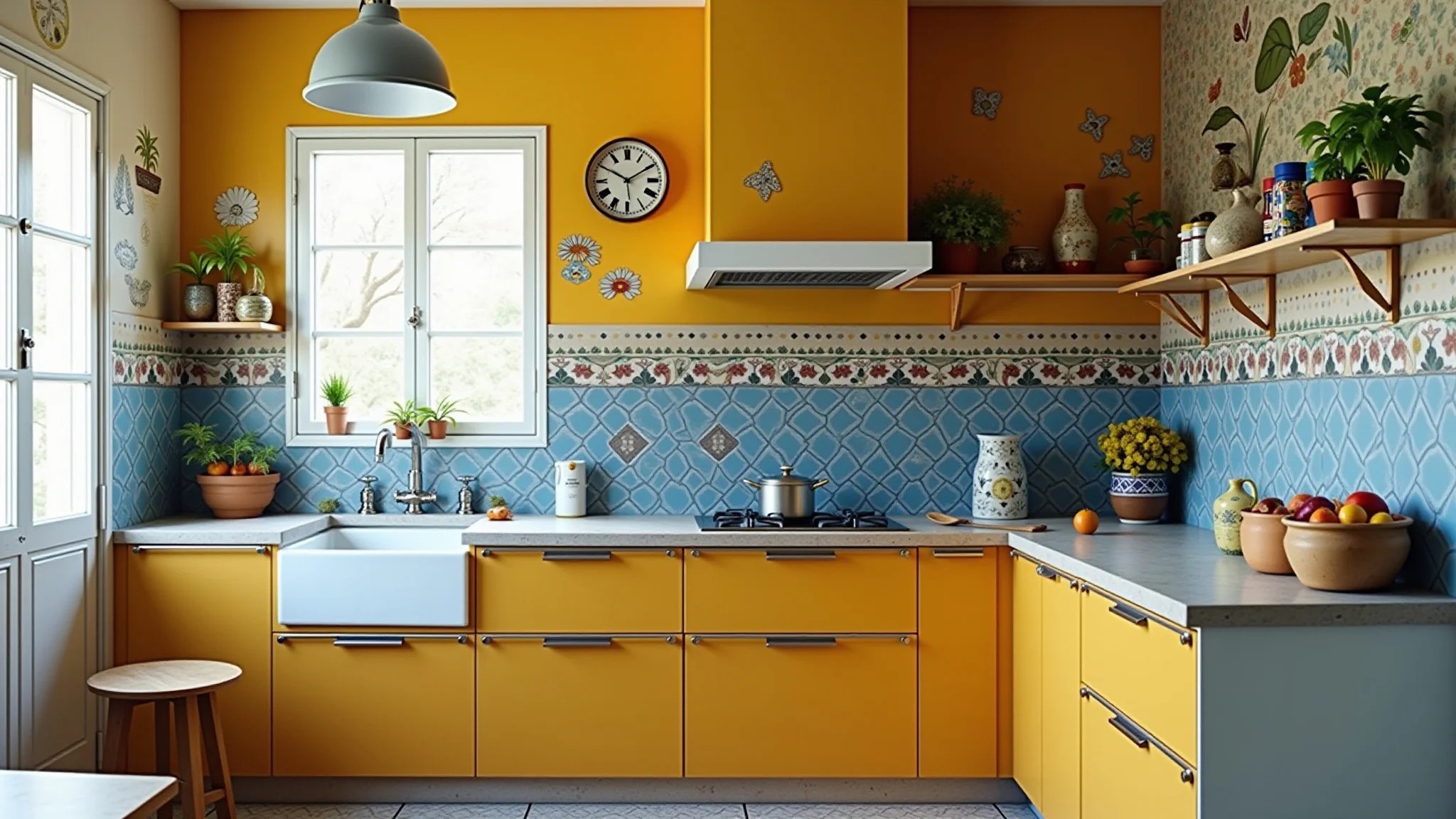 Cozinha com adesivos de azulejo estilo vintage, tons de amarelo e azul.