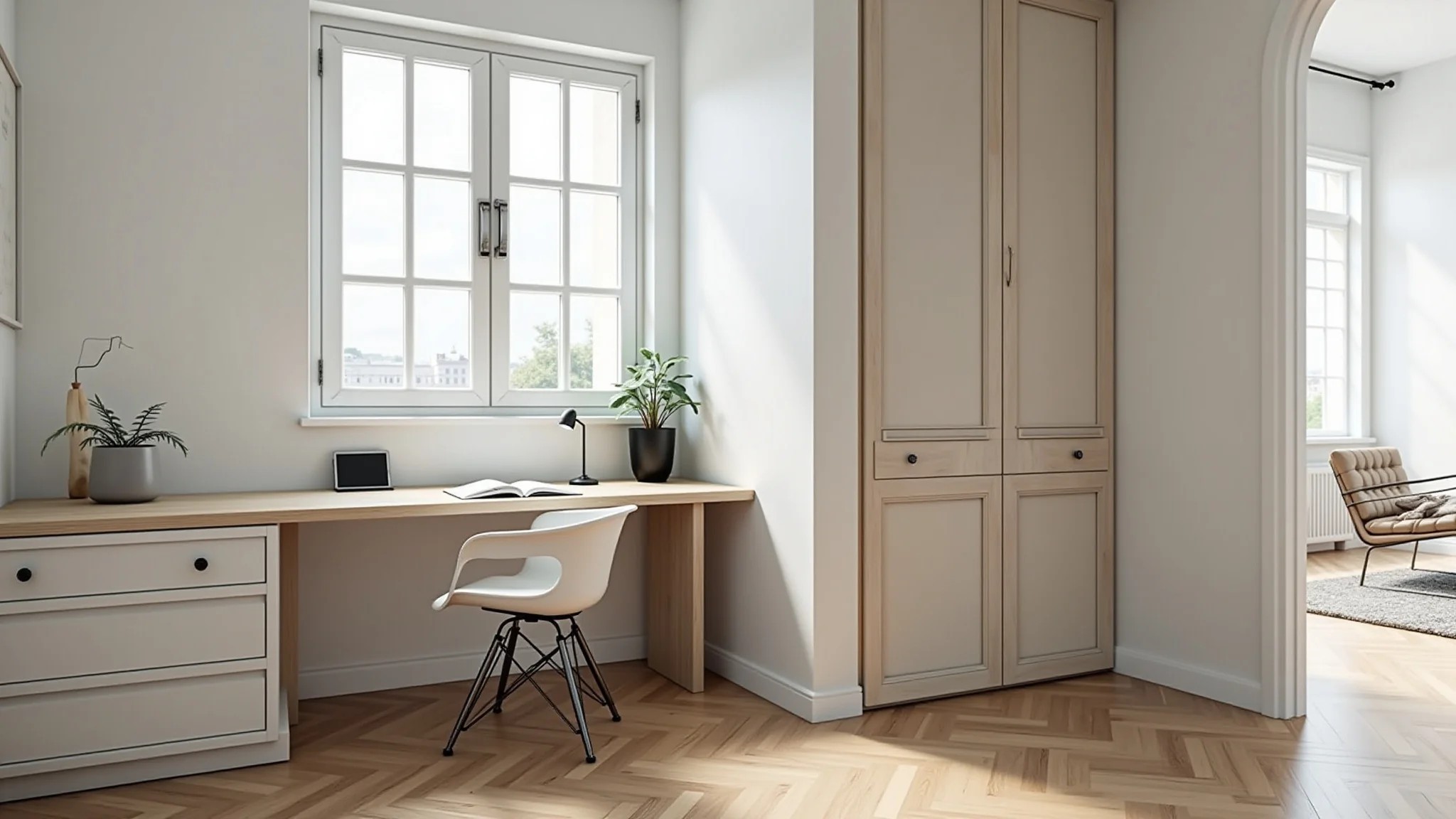 Home office em kitnet com design minimalista e móveis funcionais.