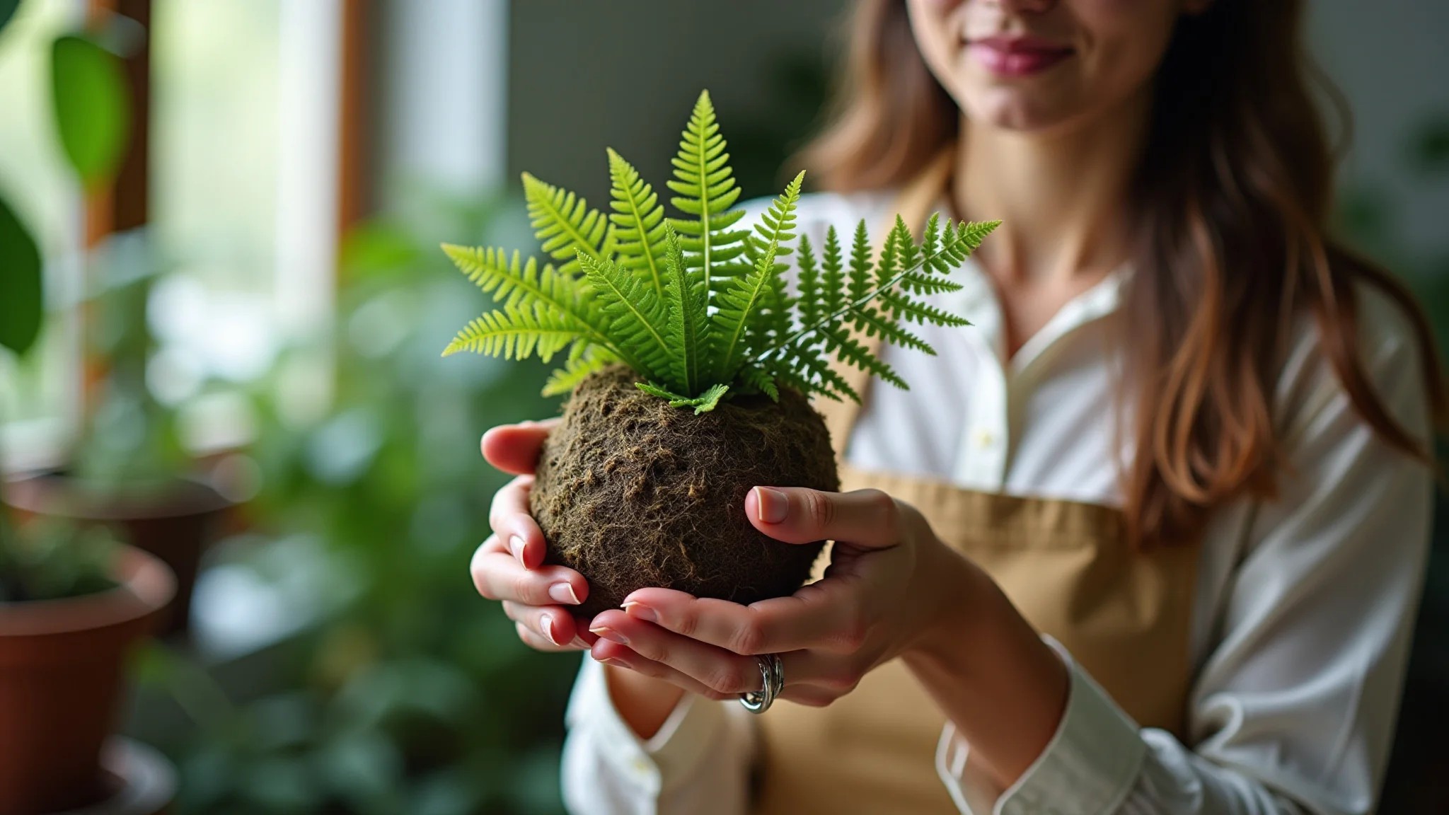 Mulher criando uma kokedama com samambaias em oficina, estilo brasileiro vibrante.