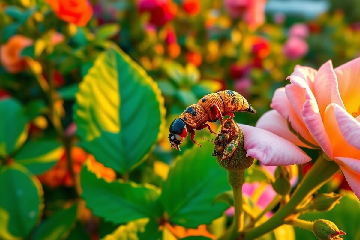Larva de joaninha comendo pulgões em roseira, controle de pragas no jardim.