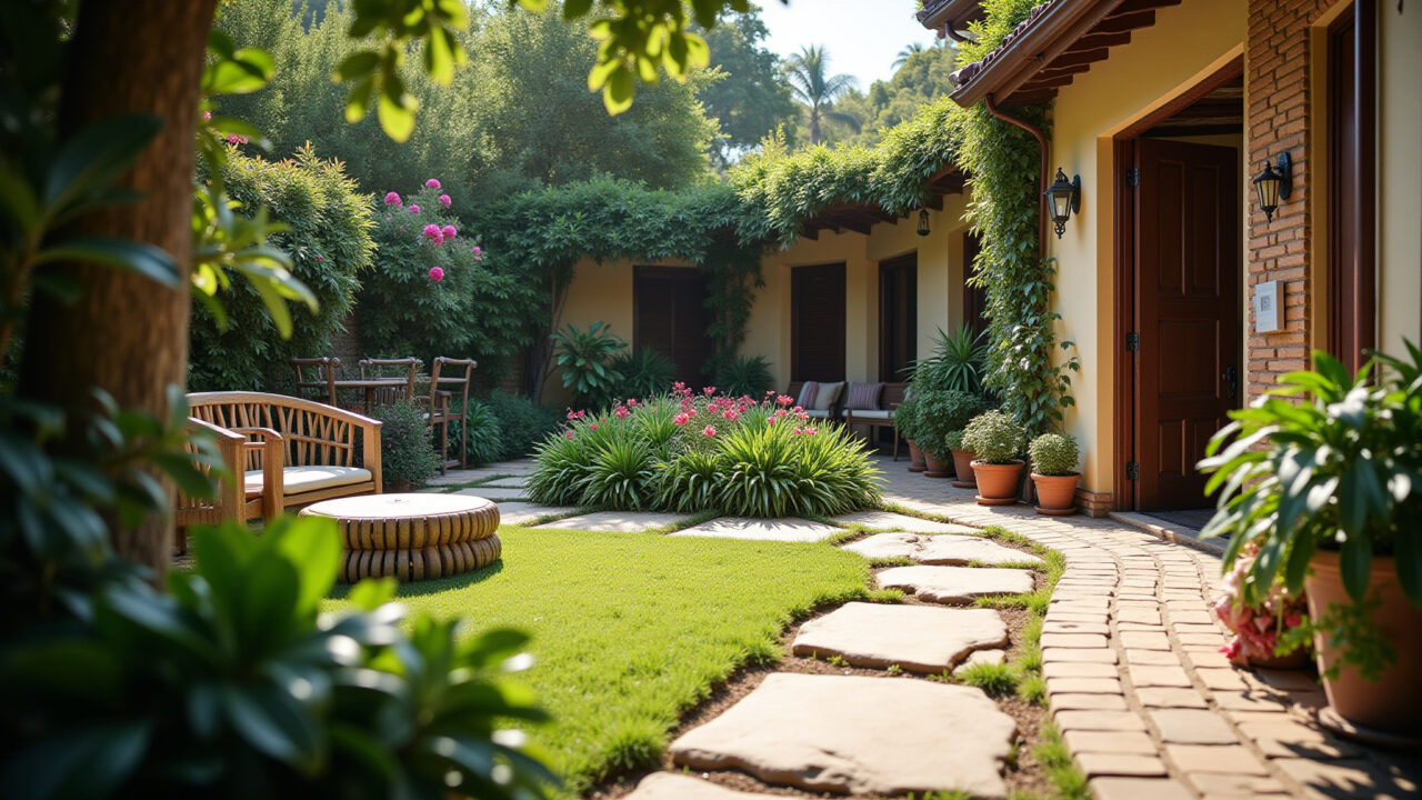 Área externa com paisagismo, jardim brasileiro com plantas e flores.