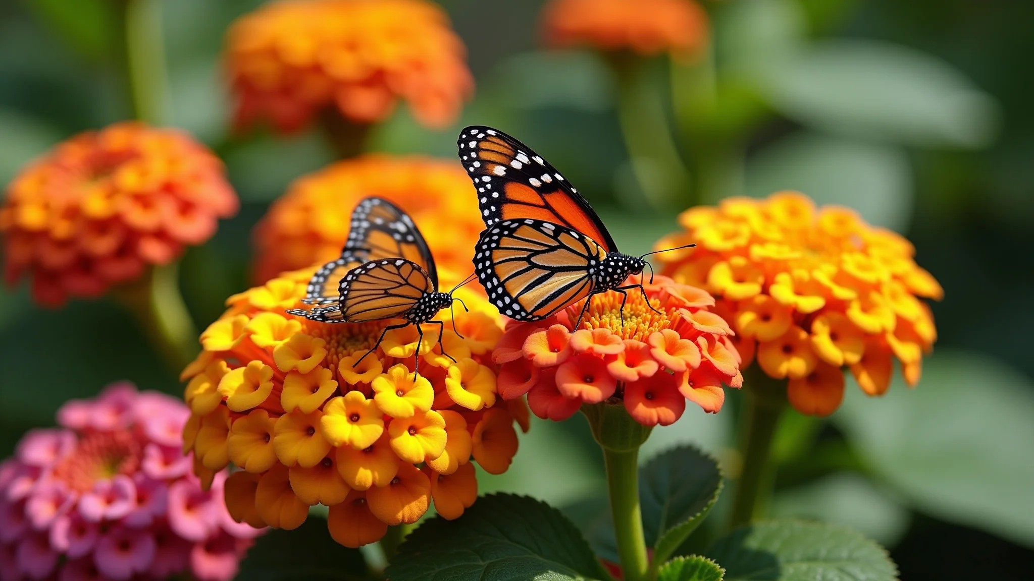 Flores de Lantana com cores vibrantes atraindo borboletas, jardim ensolarado.