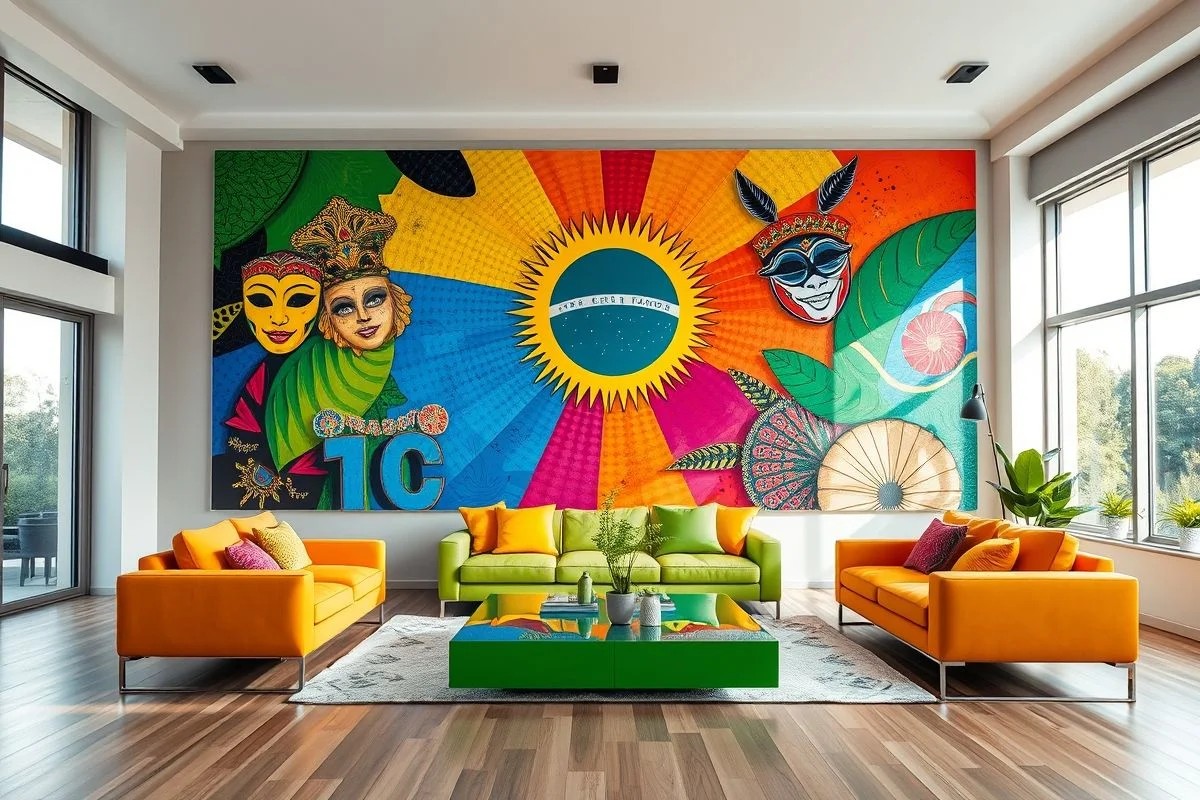Sala vibrante com quadro pop art e referências à cultura brasileira.