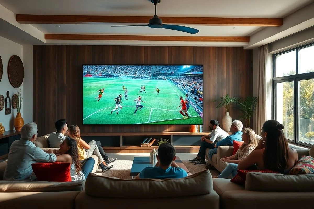 TV exibindo jogo de futebol em sala com sofás e iluminação indireta.