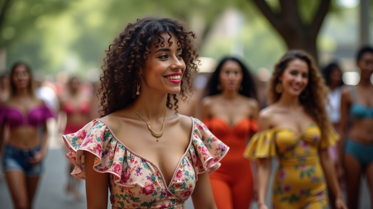 Moda festiva latina: estampas florais e babados no carnaval do Brasil.