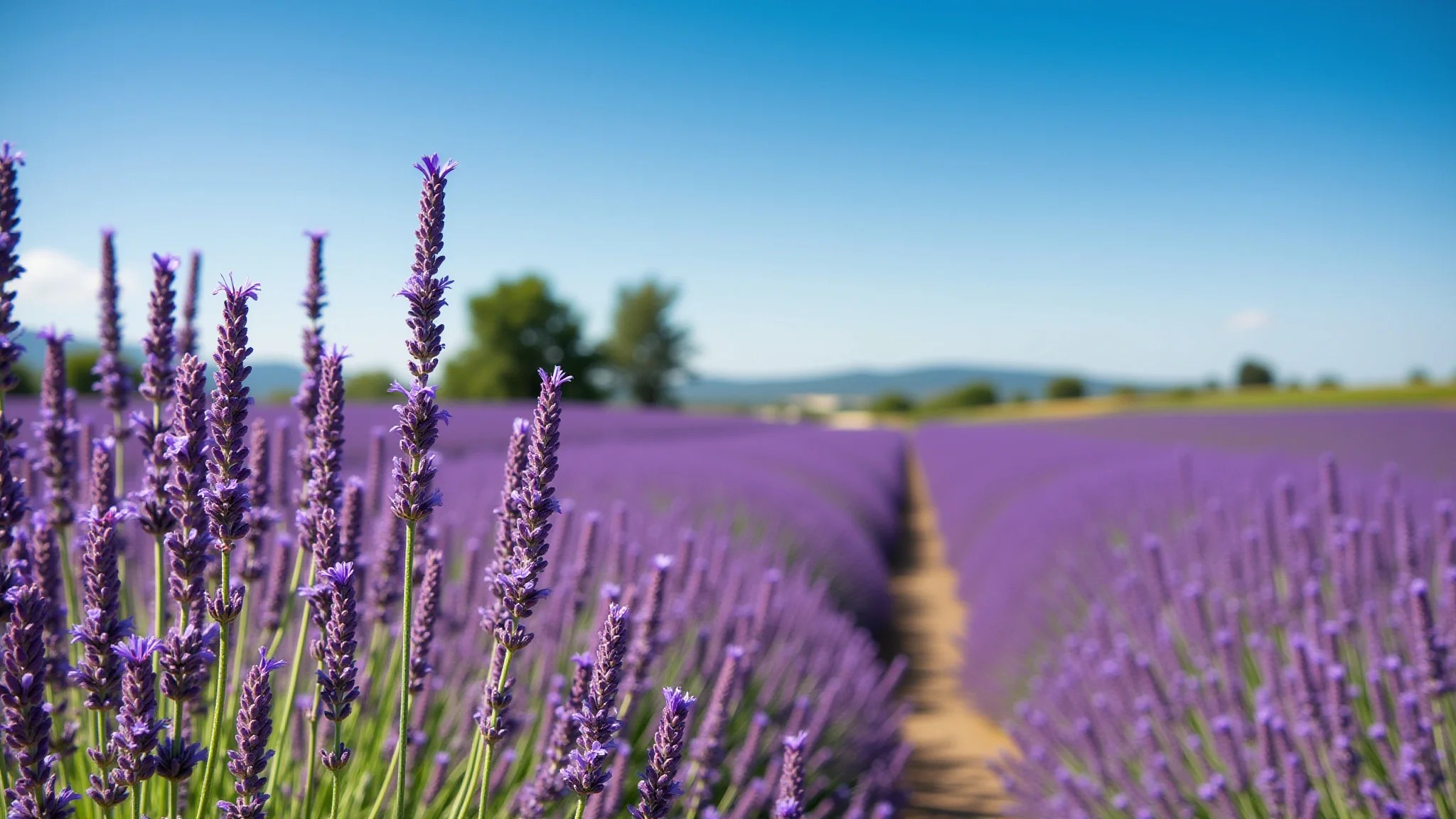 Campo de lavanda no Brasil, capturado em um dia ensolarado com cores vibrantes.