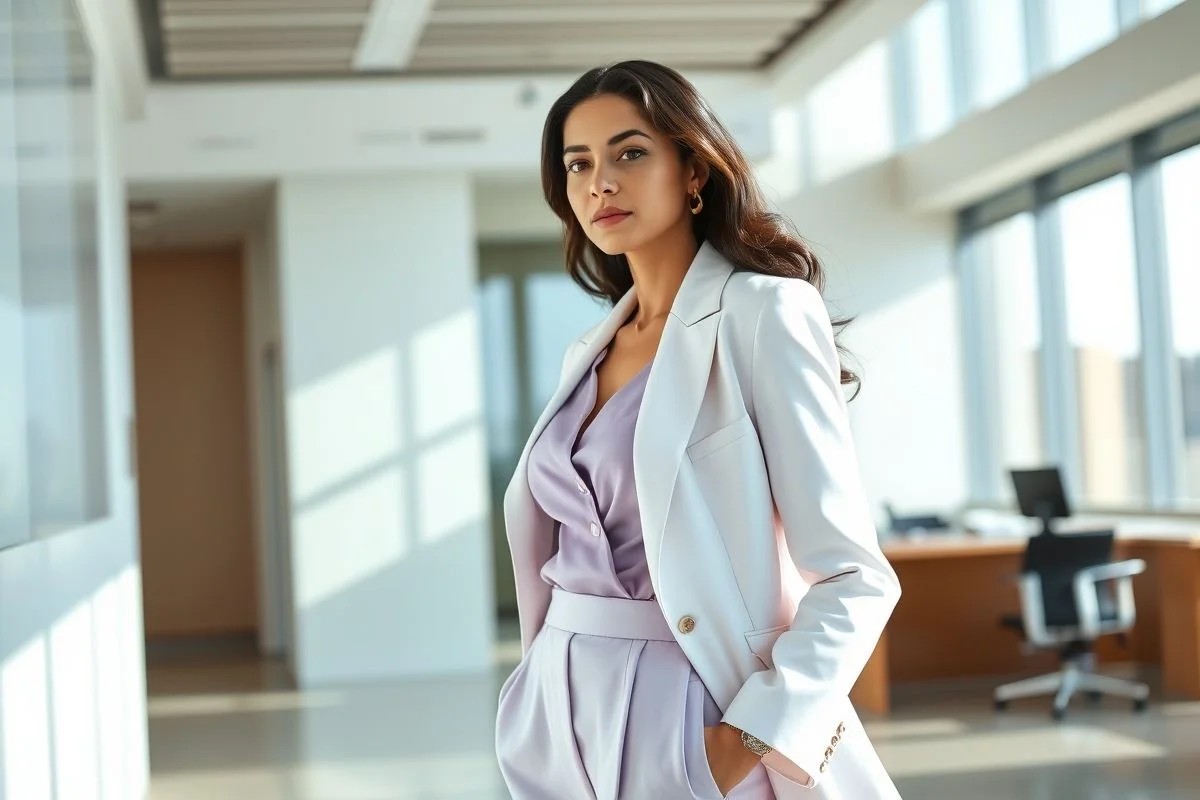 Macacão lavanda com blazer branco, look profissional e elegante para o trabalho.