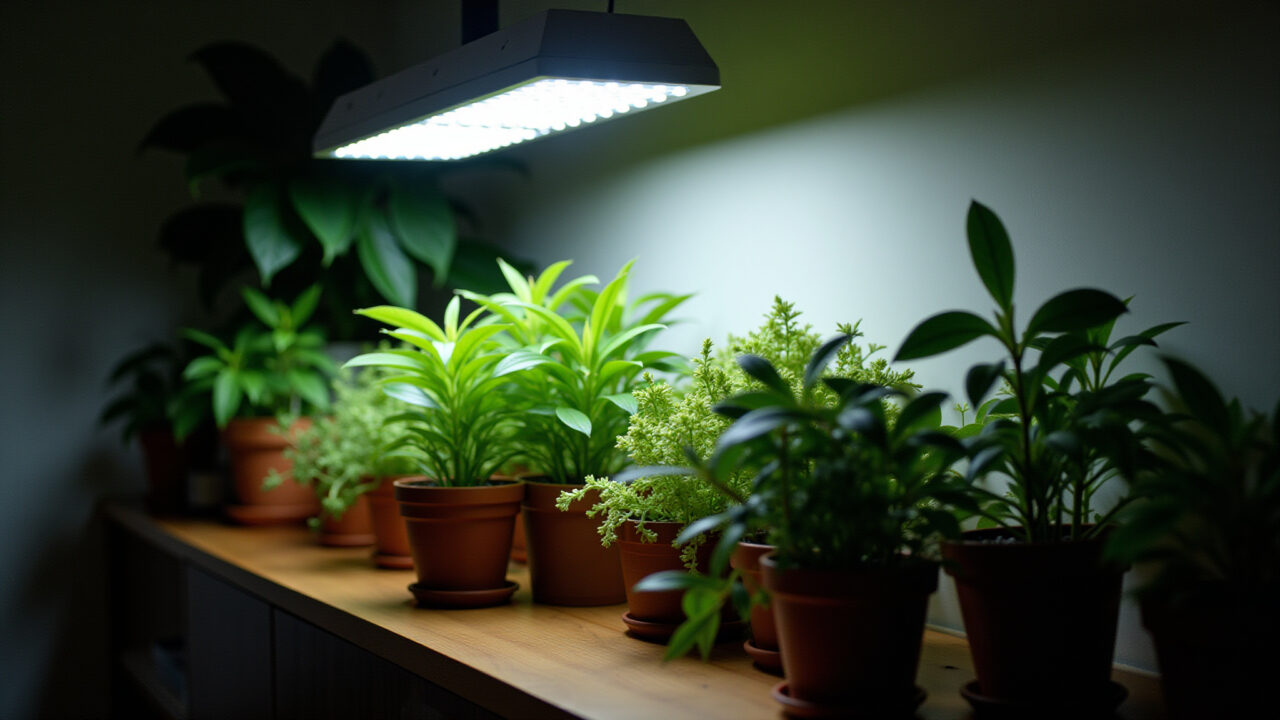 Luzes de LED iluminando plantas internas em um apartamento.