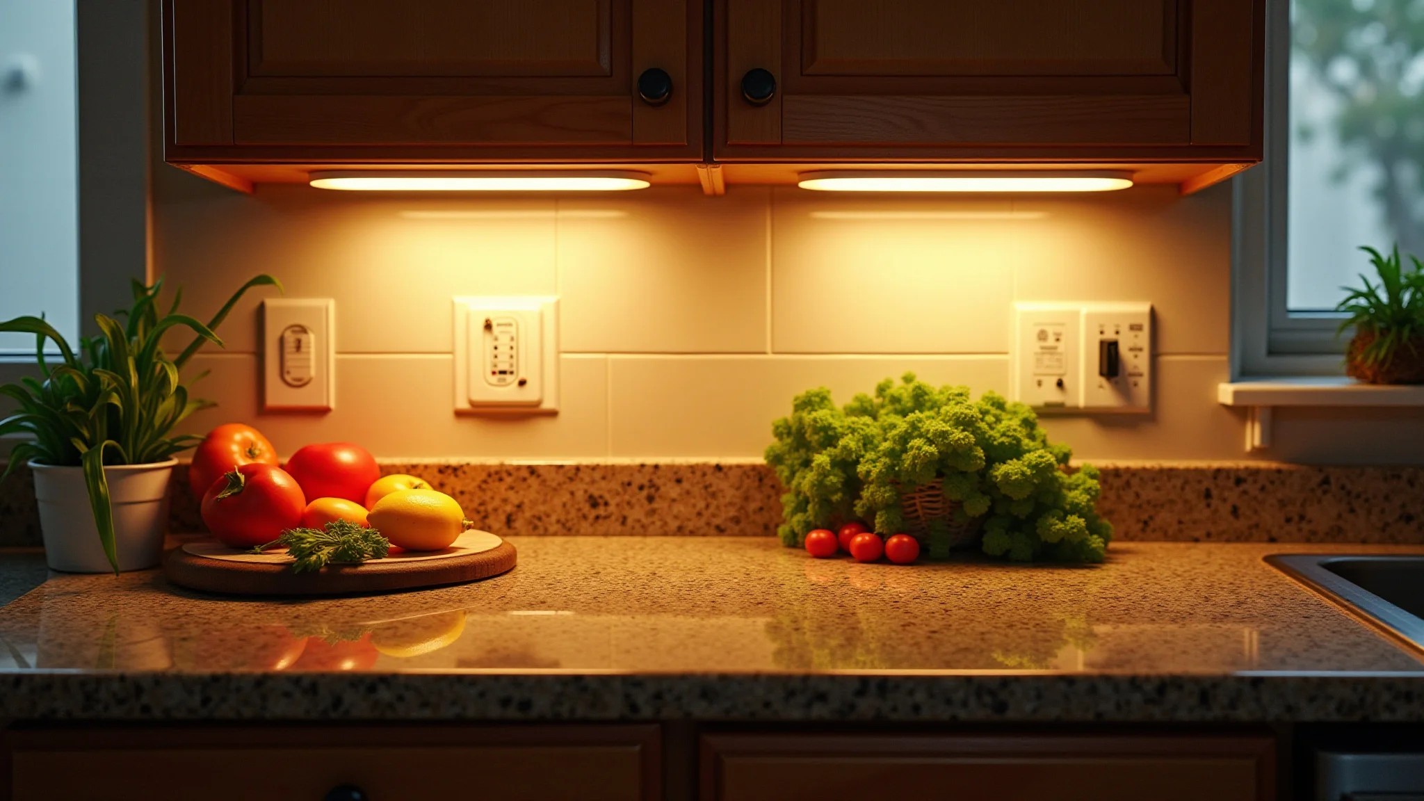 Fitas de LED sob armários de cozinha iluminando bancada de granito com ingredientes frescos.