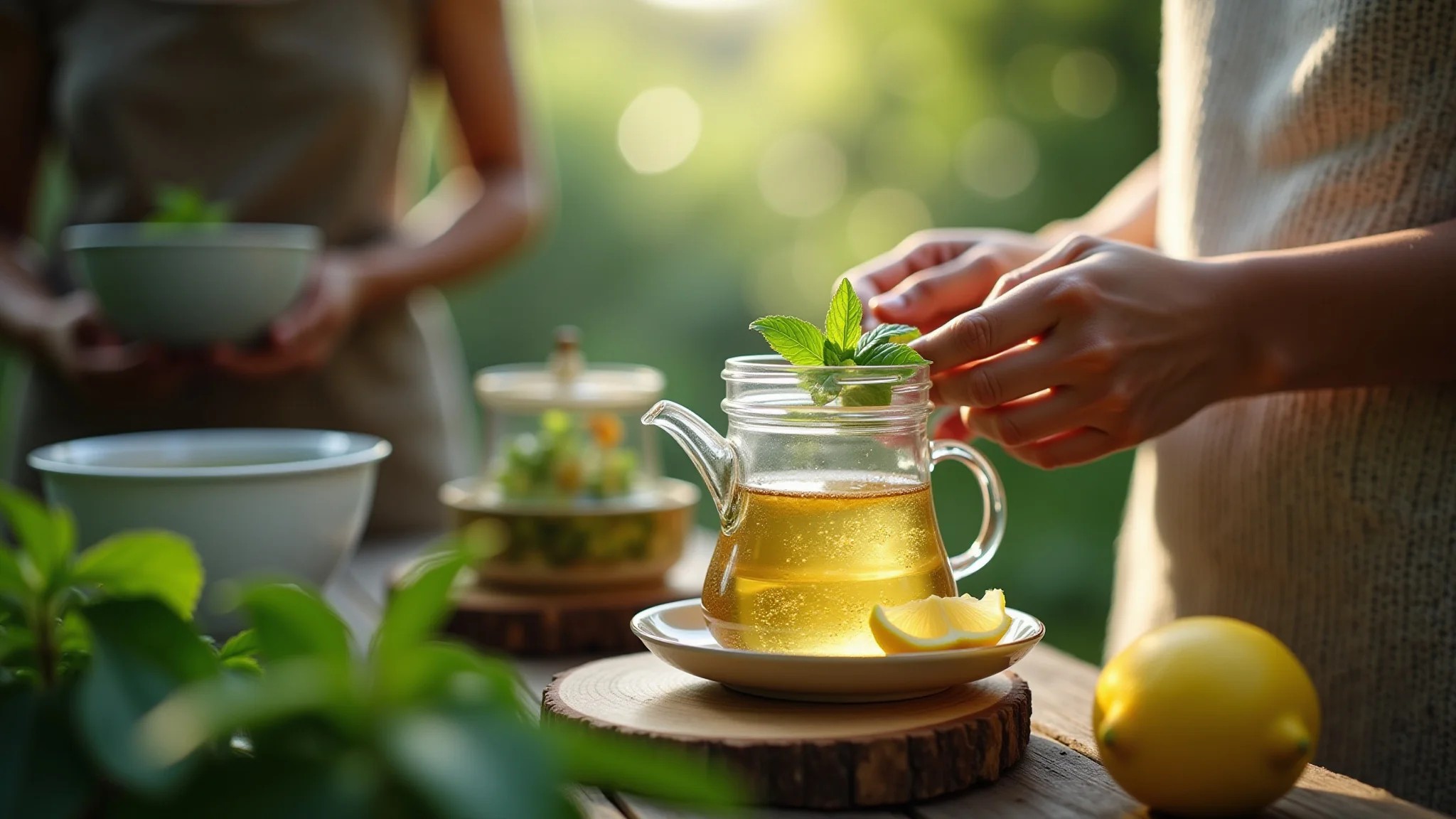 Chá de erva-cidreira sendo preparado, iluminação natural, erva medicinal calmante.