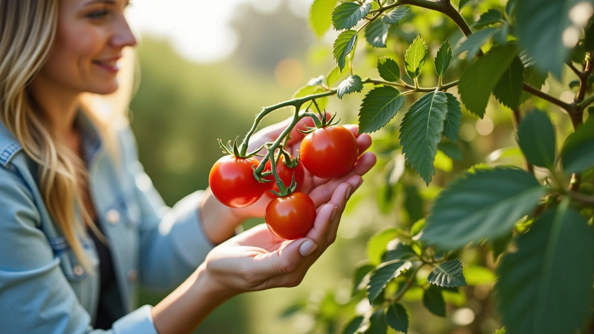 Mulher colhendo tomates cereja maduros de uma planta em sua horta.