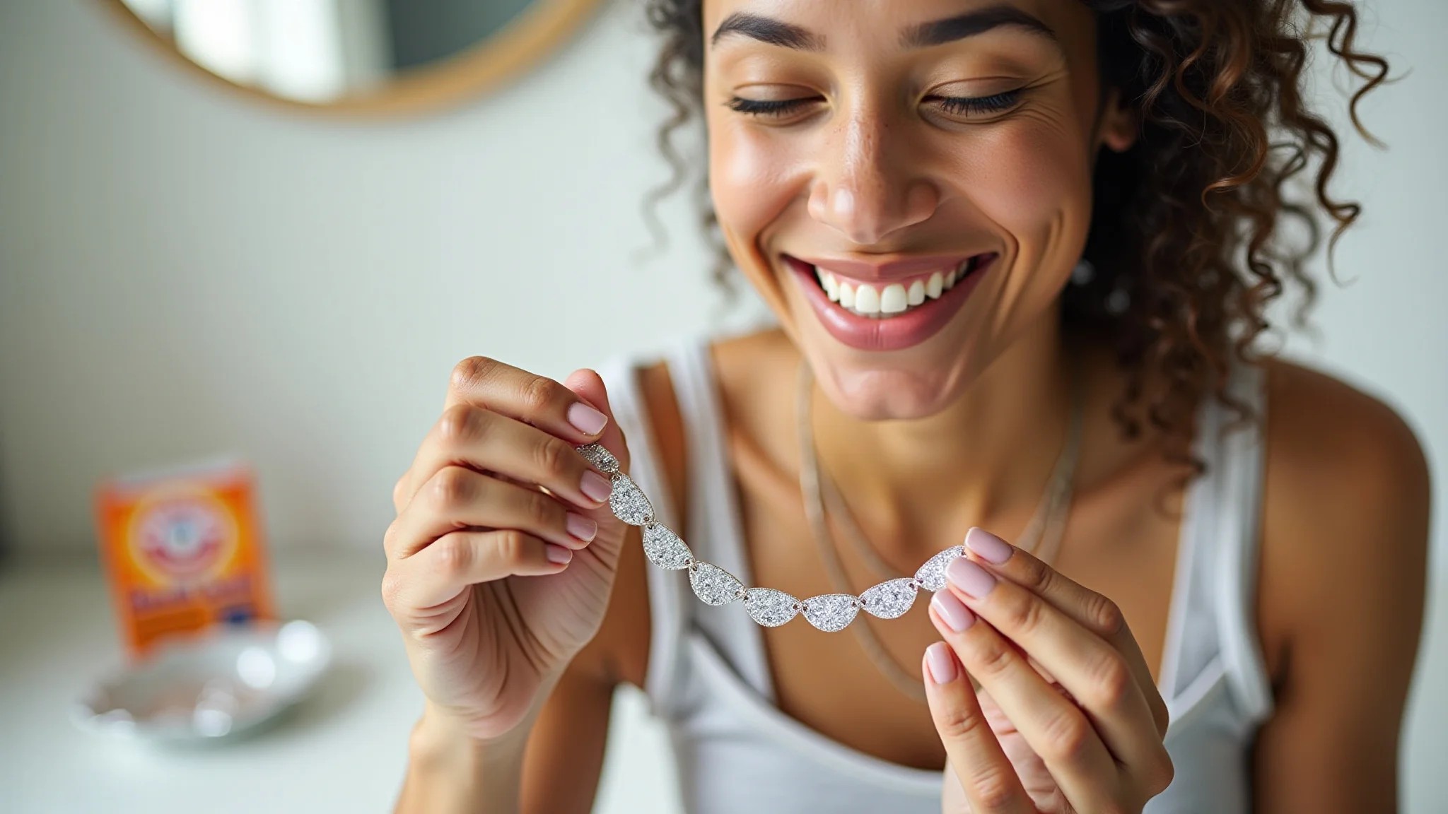 Mulher sorrindo, segurando colar de prata brilhante após limpeza caseira com bicarbonato.