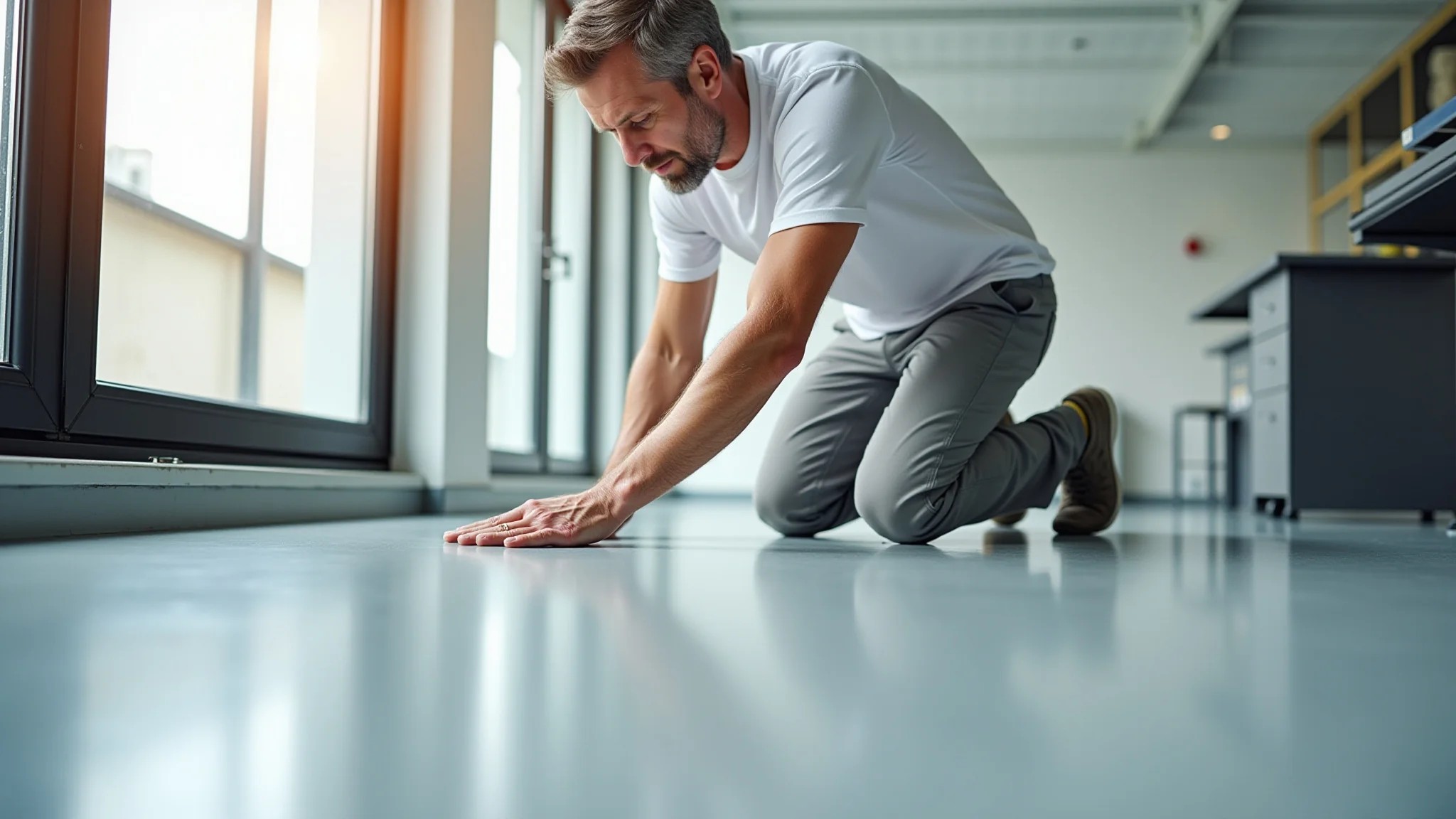 Homem inspecionando a qualidade de um piso epóxi metálico recém-aplicado em um escritório.