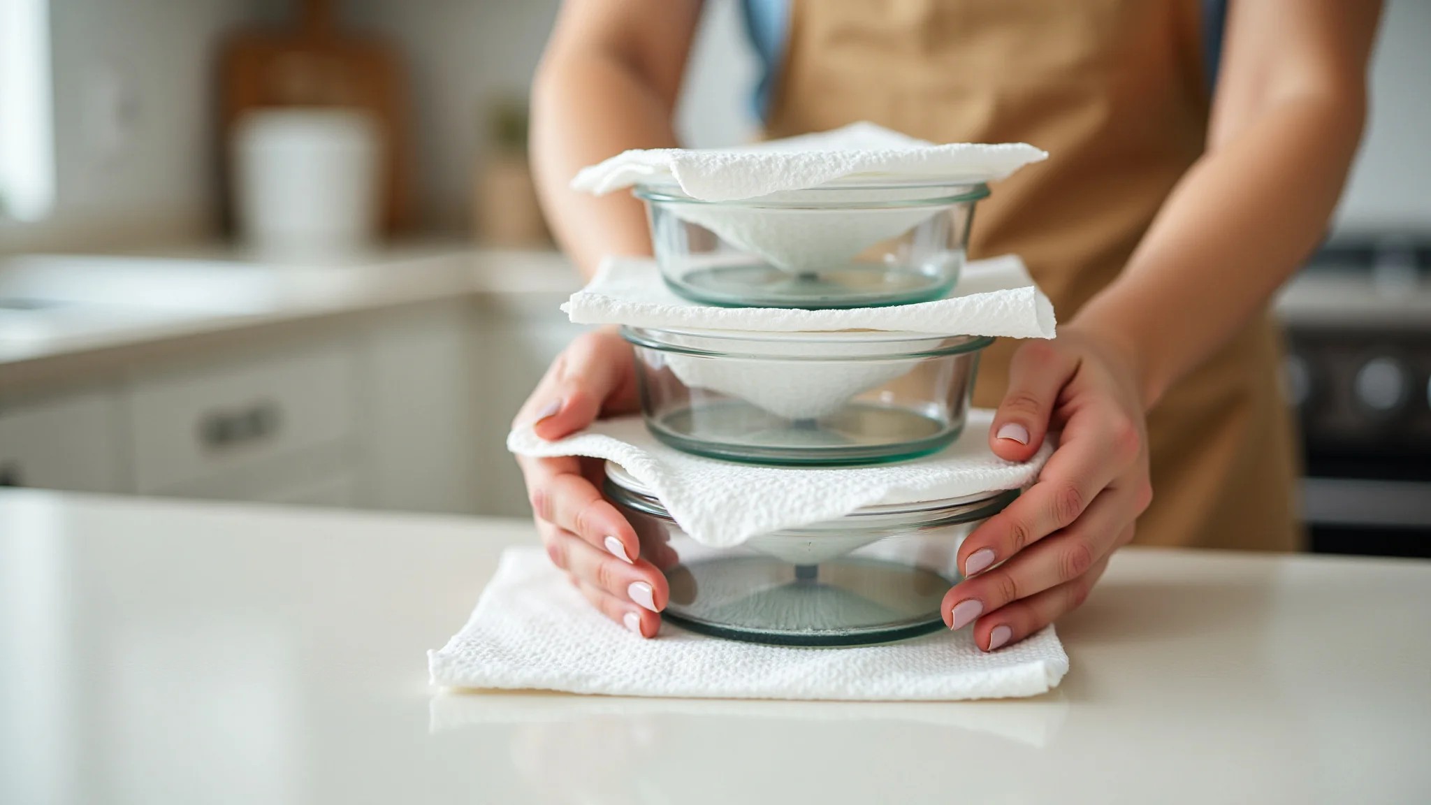 Mãos empilhando potes de vidro de tamanhos diferentes com papel toalha.