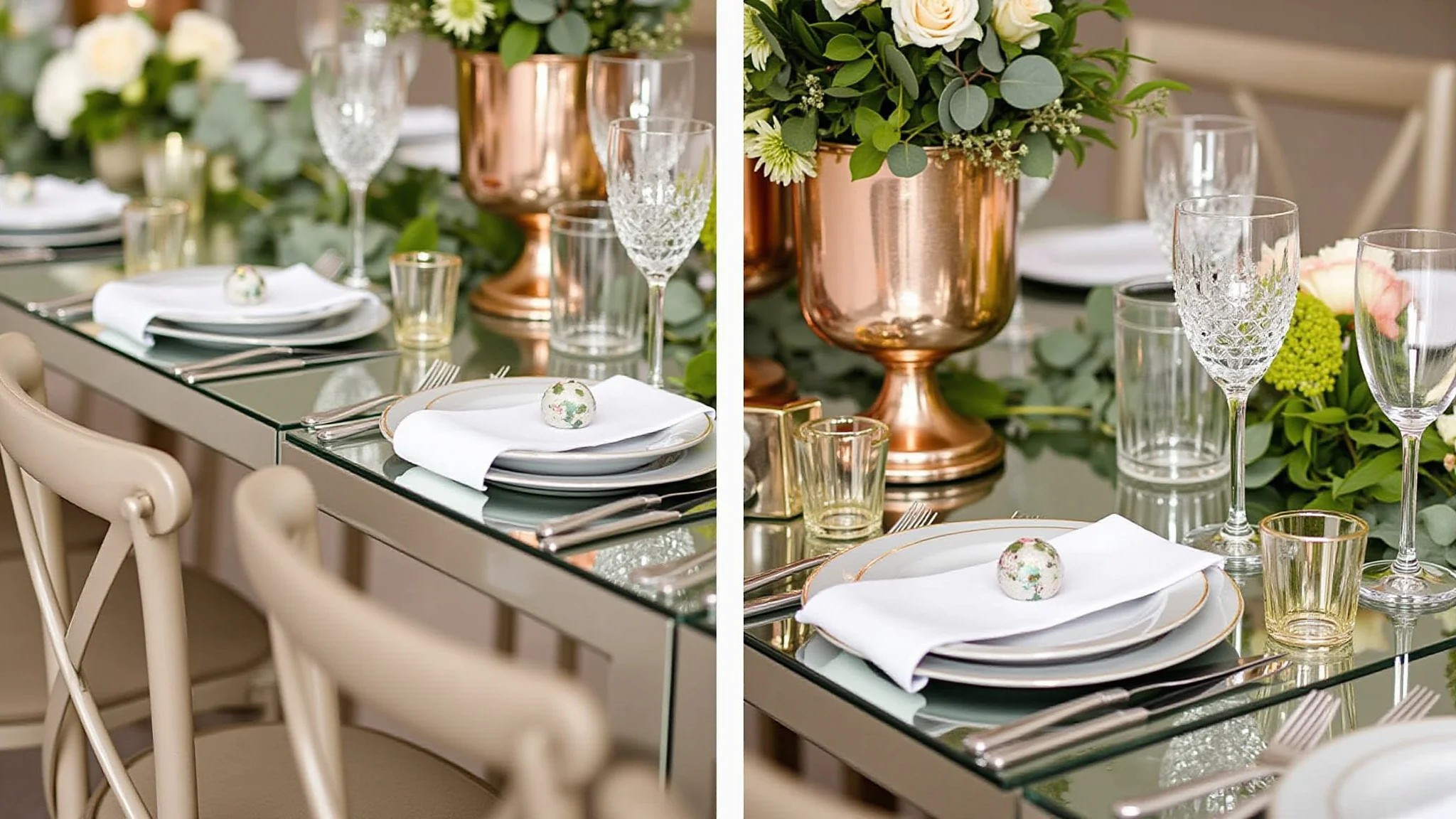 Mesa espelhada glamourosa para festa com arranjos florais luxuosos.