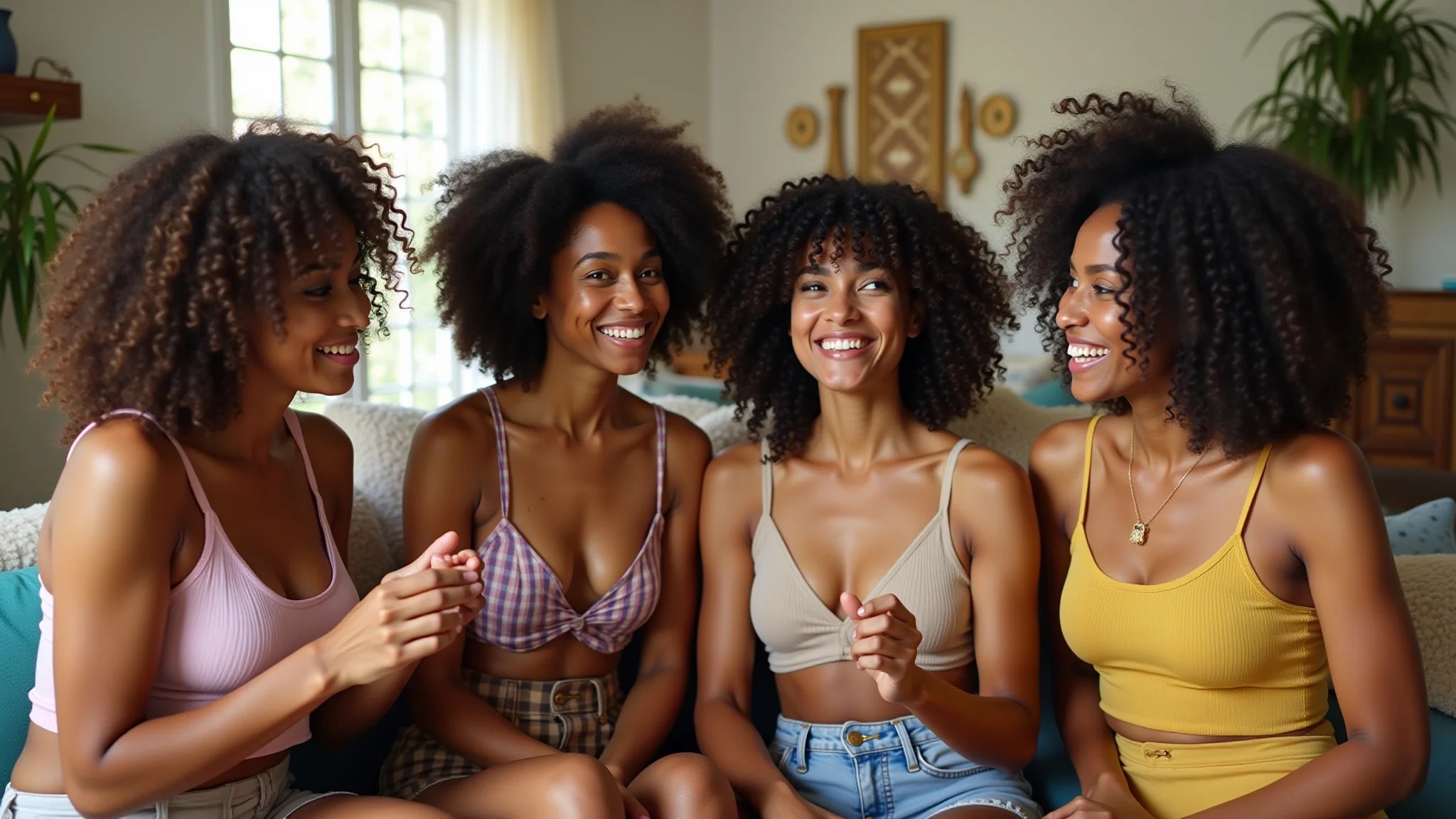 Mulheres brasileiras com diferentes tipos de cachos compartilhando dicas de cabelo.