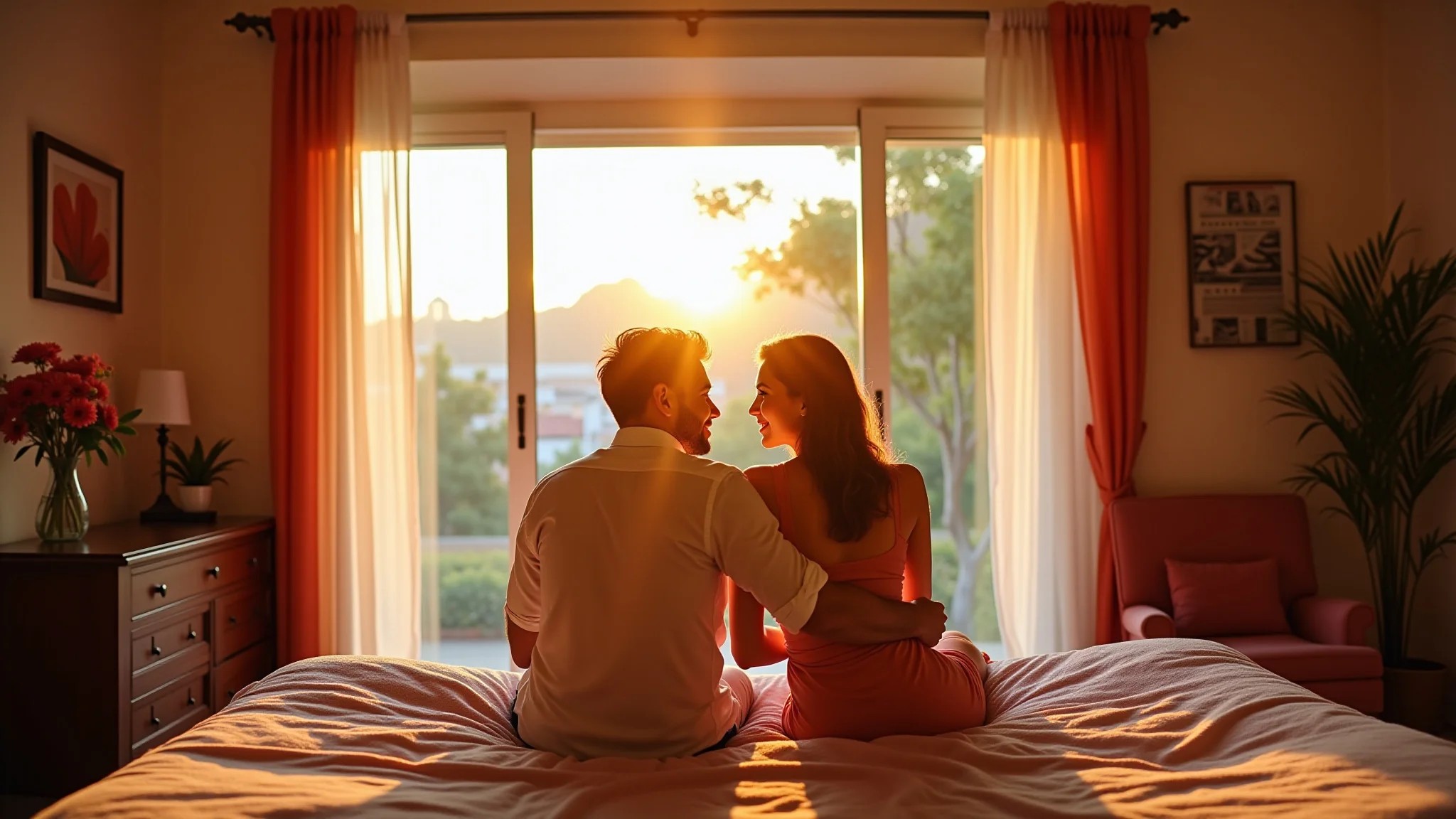 Quarto de casal com paredes bege e detalhes vermelhos, iluminação suave.