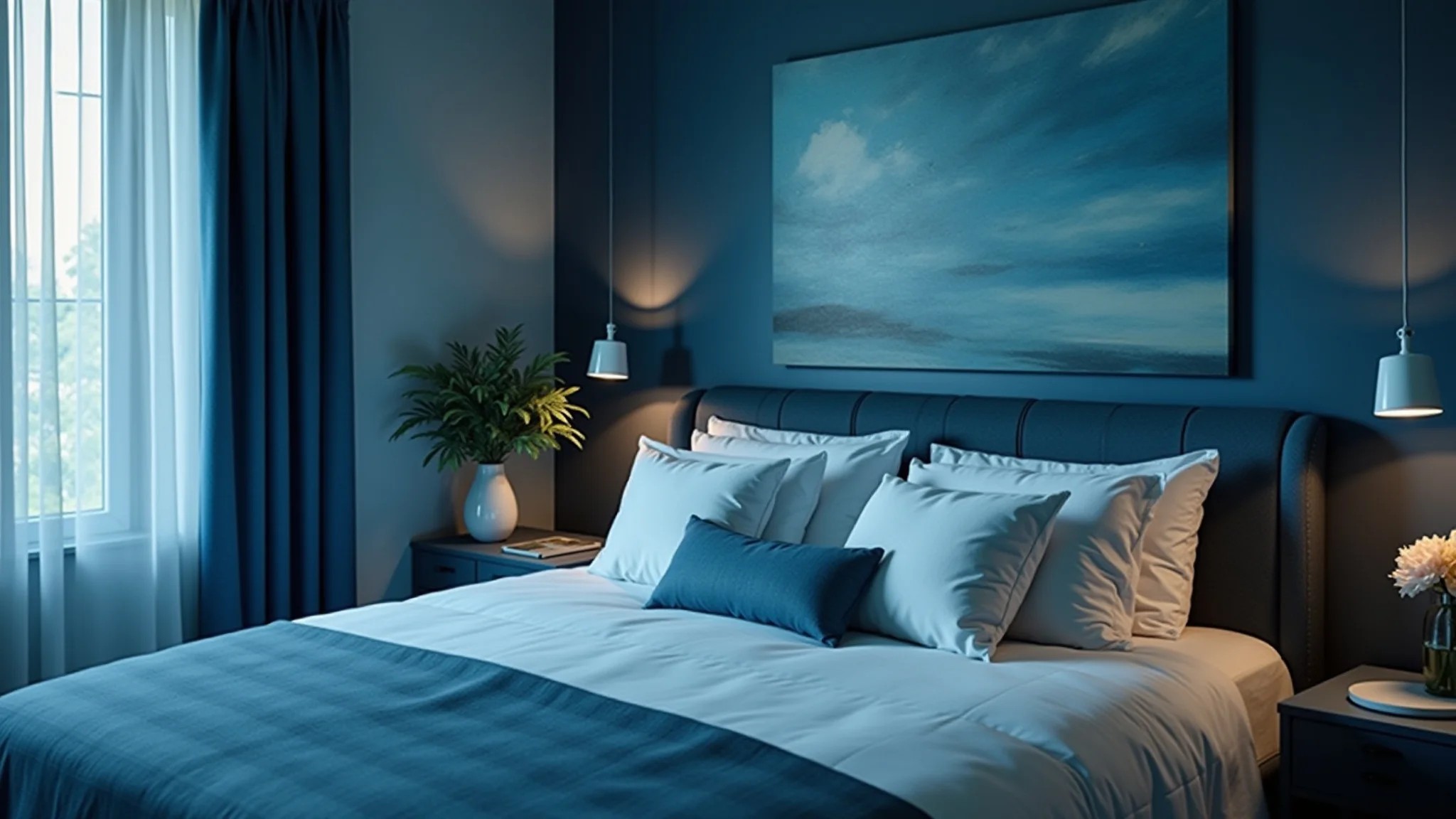 Quarto de casal monocromático em tons de azul, design brasileiro.