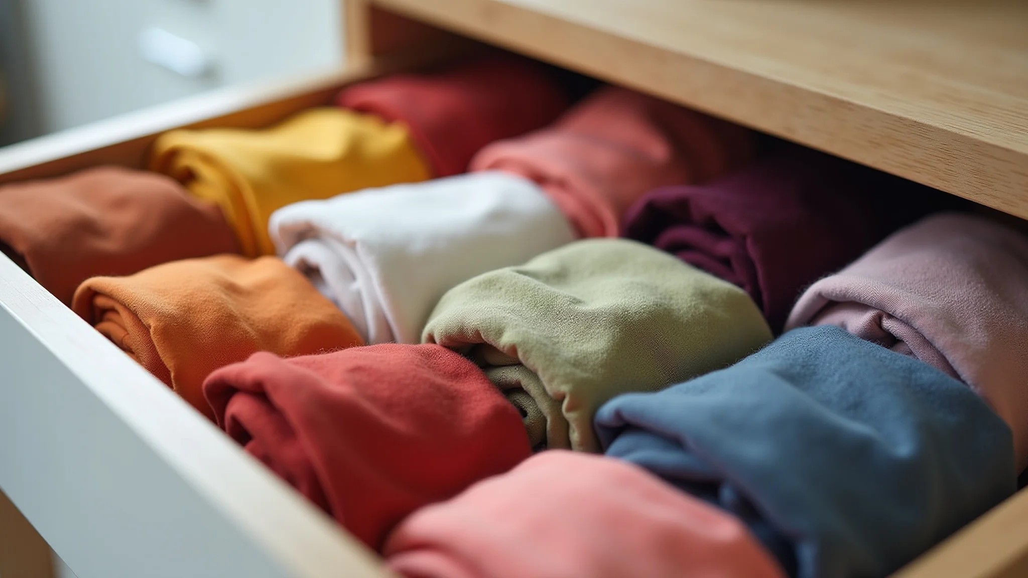 Gaveta organizada com lenços dobrados no método KonMari, estilo brasileiro.