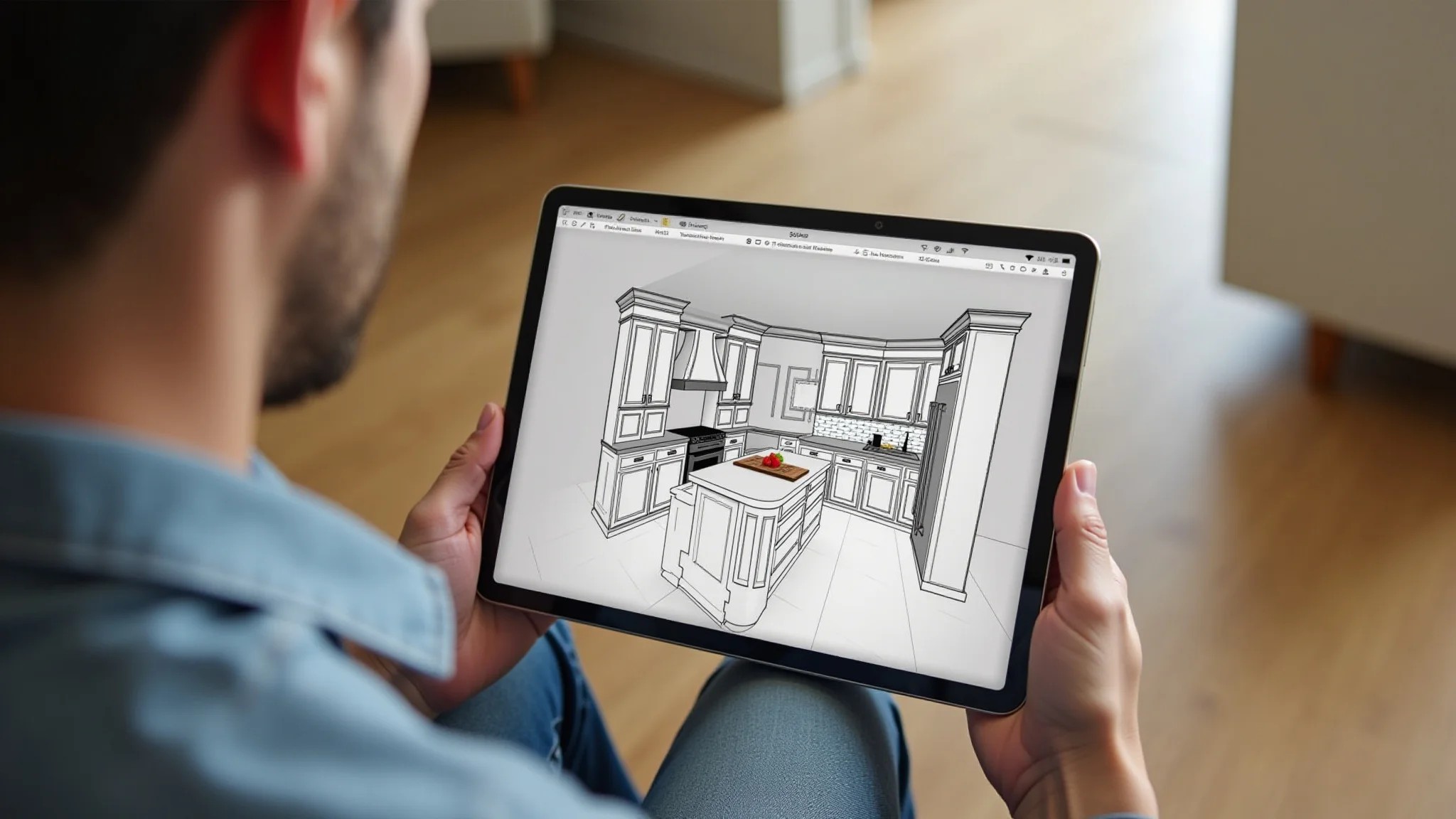 Visualizando design 3D de cozinha em tablet baseado na planta baixa.