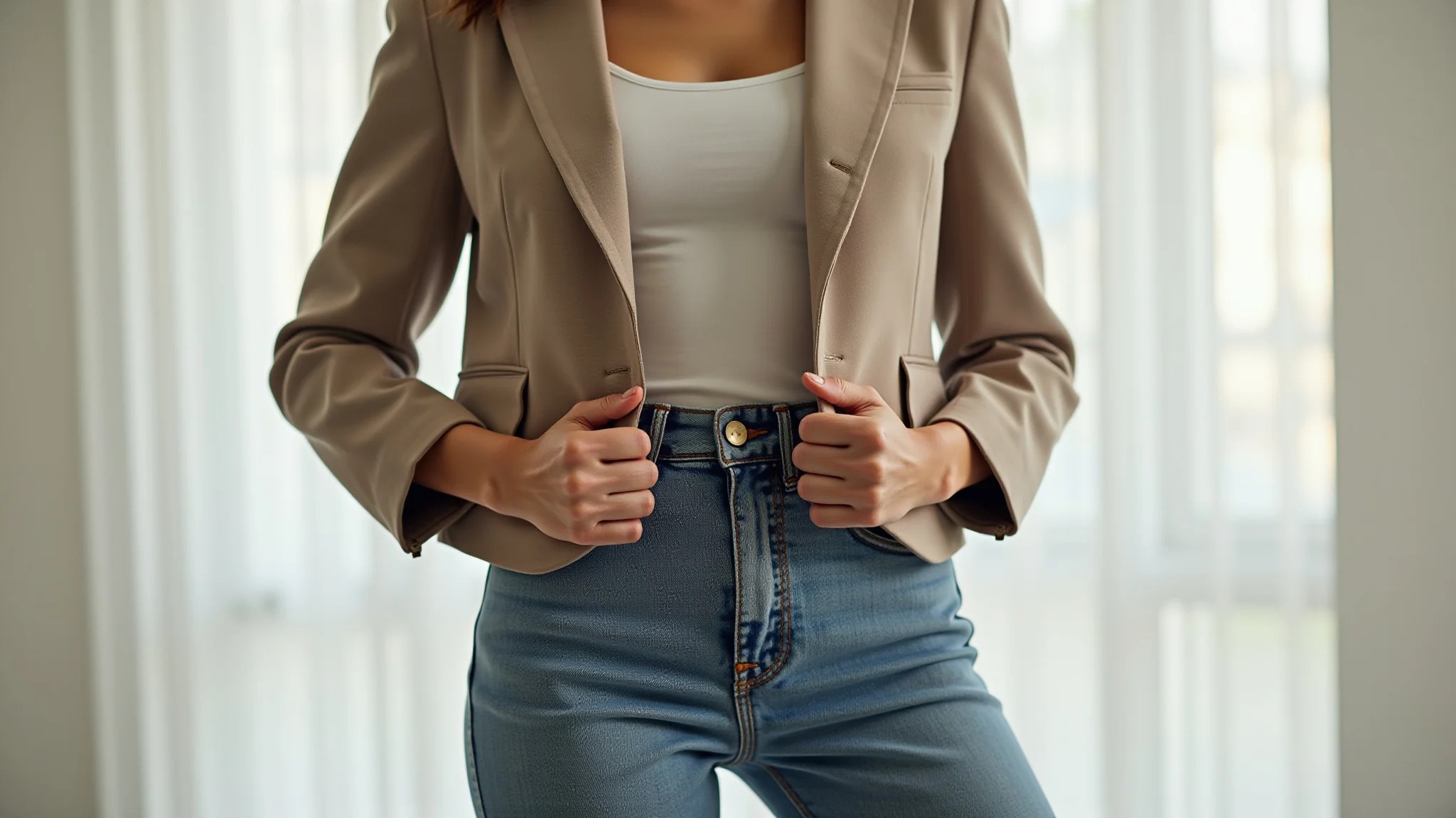 Blazer neutro combinado com calça de alfaiataria e jeans, estilo brasileiro, luz natural.