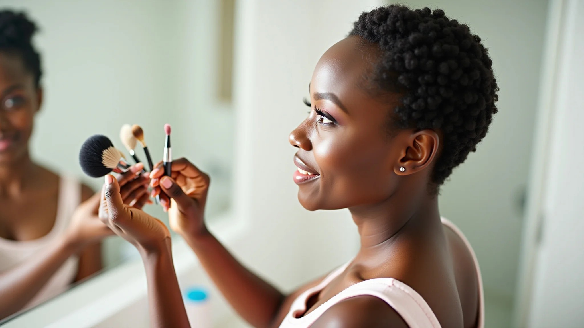Mulher negra limpando seus pincéis de maquiagem, incluindo os de blush, no banheiro.