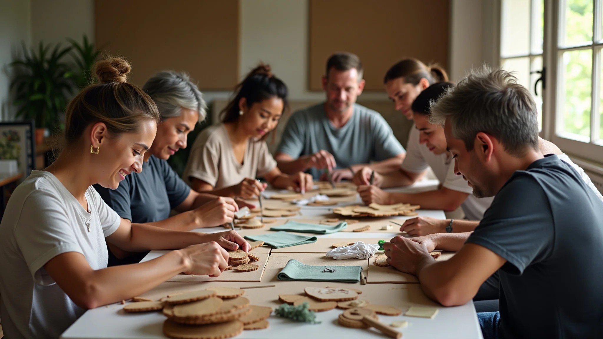 Grupo de brasileiros fazendo artesanato para o Dia dos Pais, estilo Farm Rio.