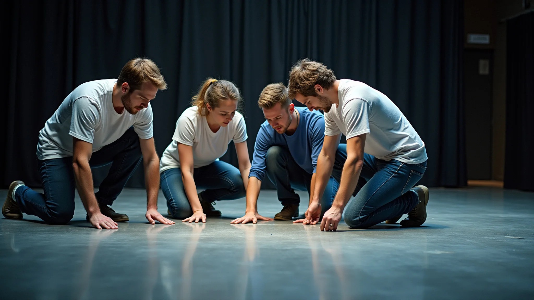 Equipe diversa inspecionando um piso de linóleo em um palco de teatro.