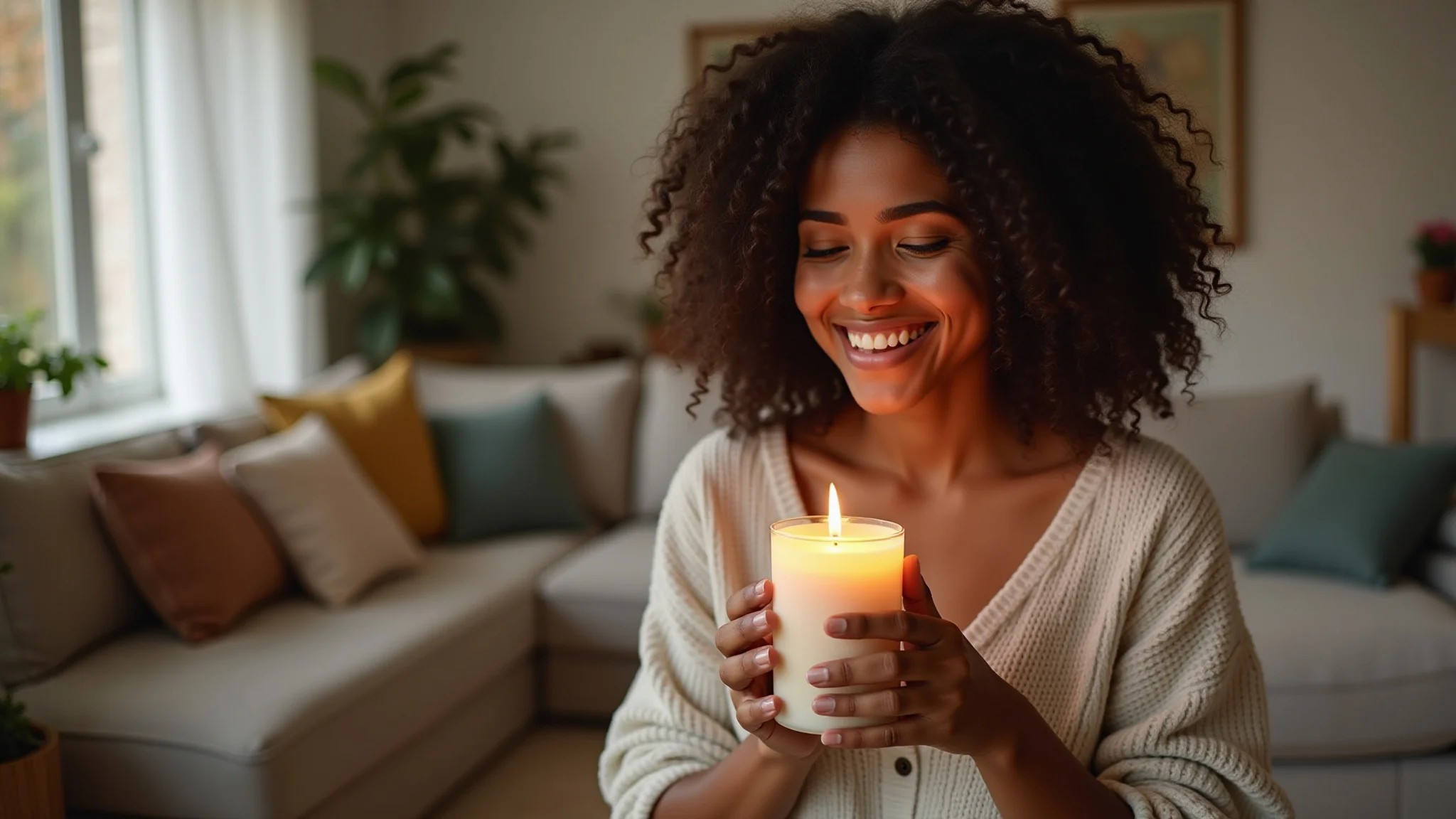 Mulher diversa relaxando com aroma de vela artesanal na sala.