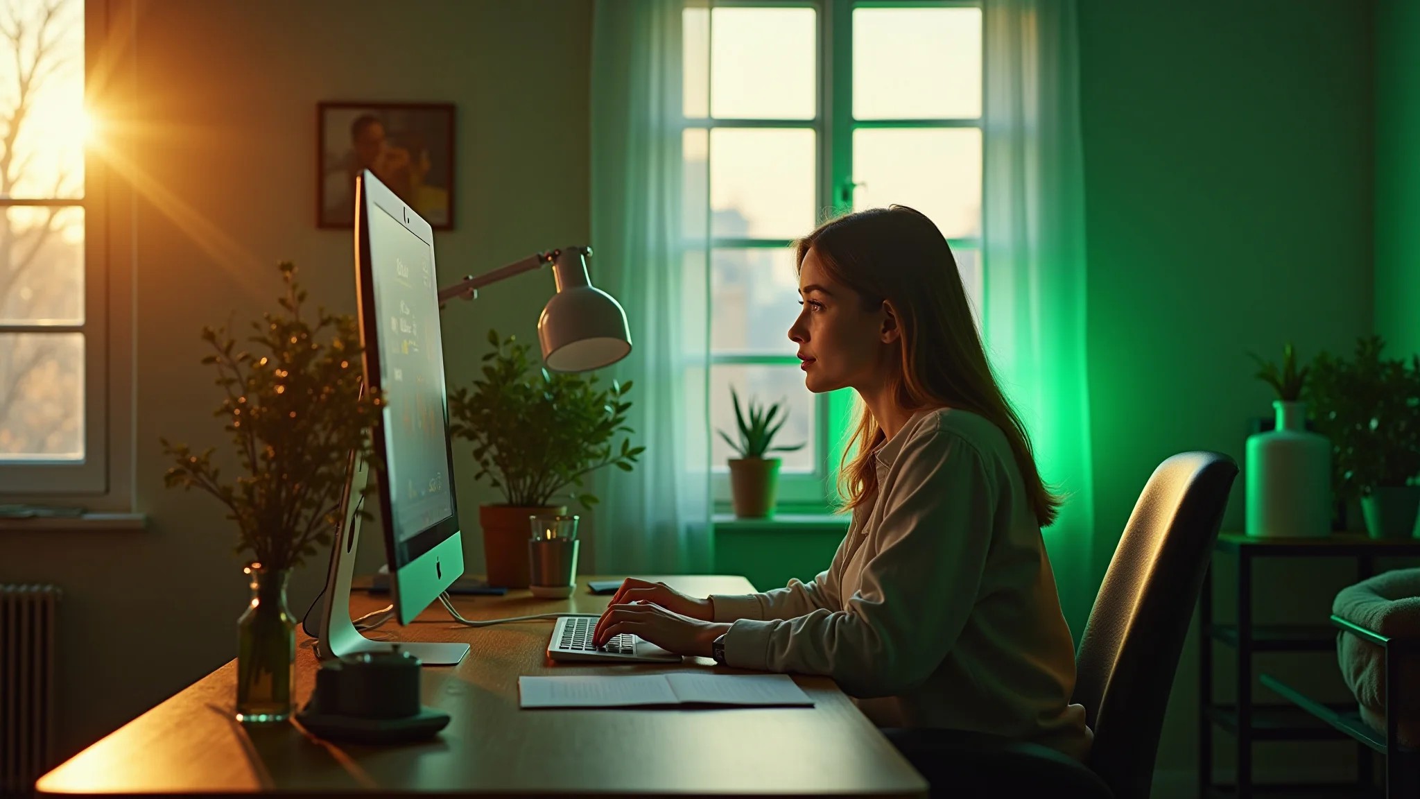 Escritório em casa com tons de verde, mulher trabalhando.