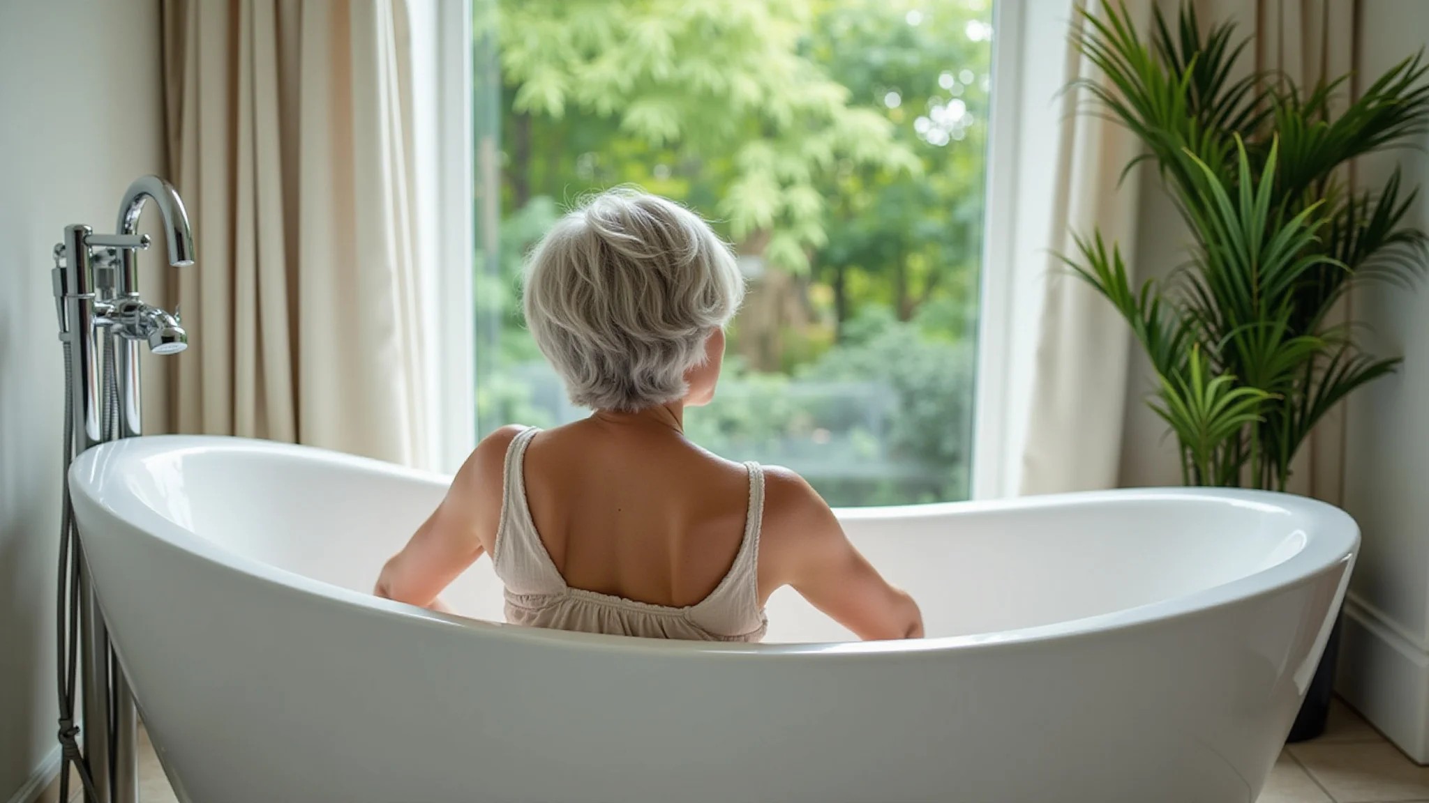 Mulher relaxando em banheiro minimalista com banheira e vista para a natureza.