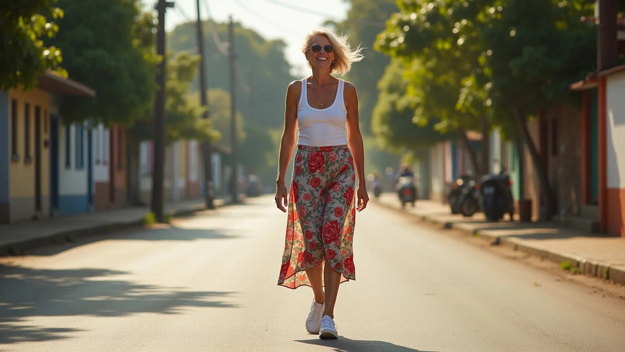 Mulher de meia-idade usando saia midi e tênis brancos, caminhando em uma rua ensolarada no Brasil.