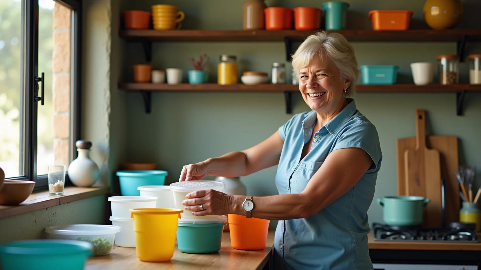 Mulher brasileira sorrindo enquanto organiza potes plásticos na cozinha, estilo Farm Rio.