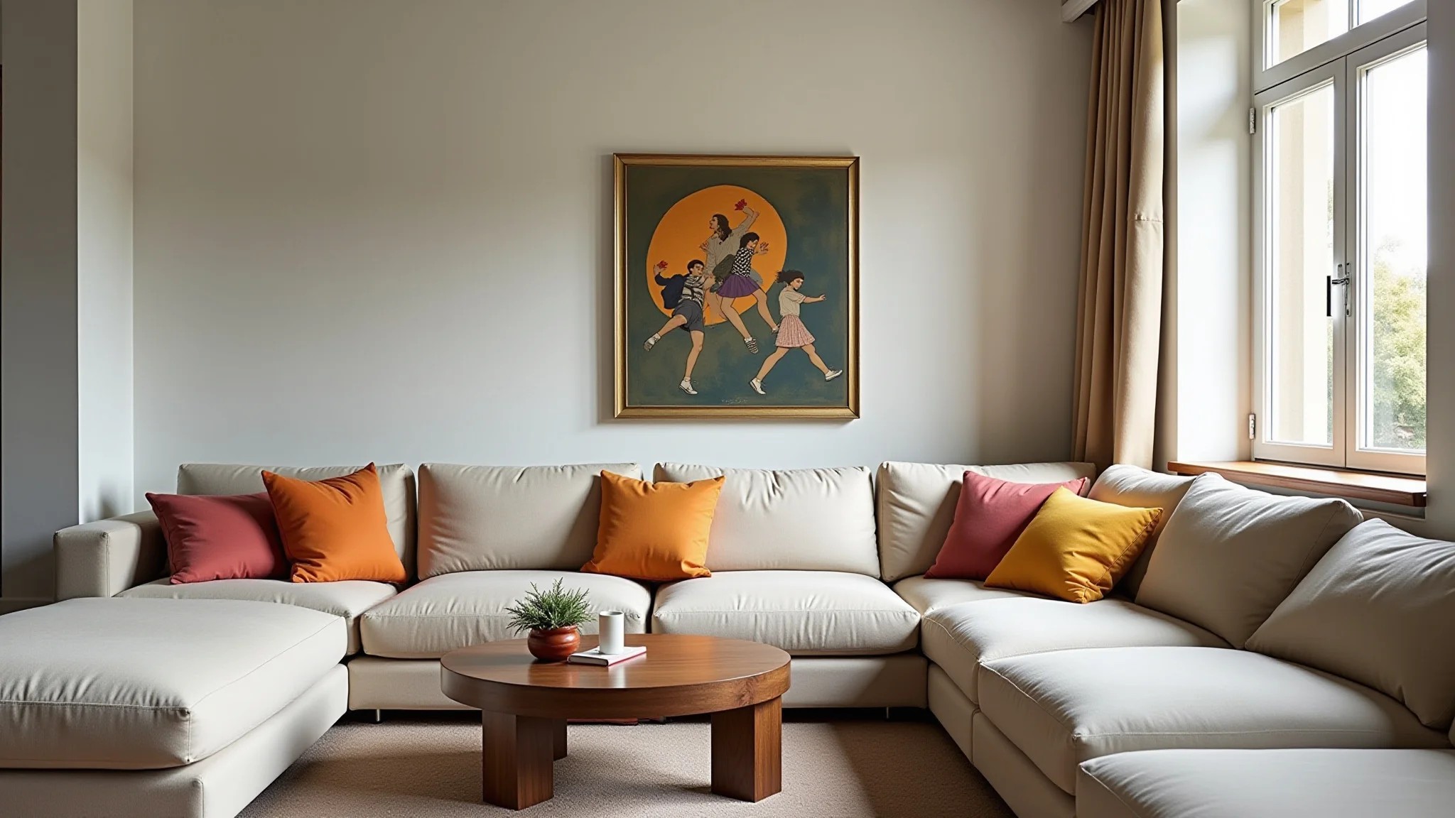 Sala moderna com sofá modular e almofadas coloridas, arte brasileira.