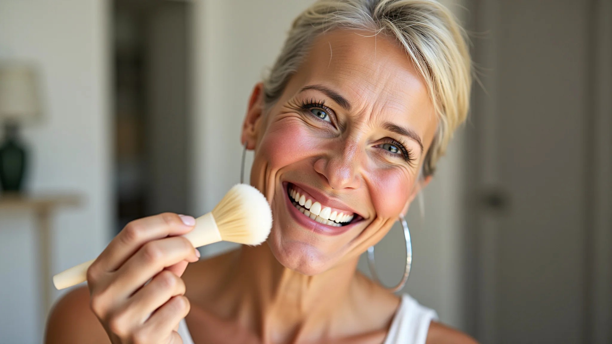 Mulher sorrindo aplicando blush com pincel macio em ambiente iluminado.