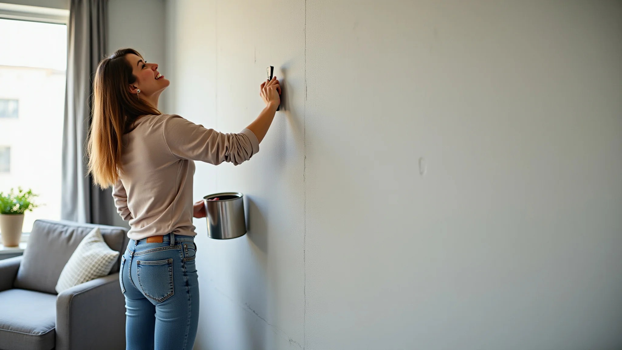 Mulher aplicando tinta efeito cimento queimado em parede da sala.