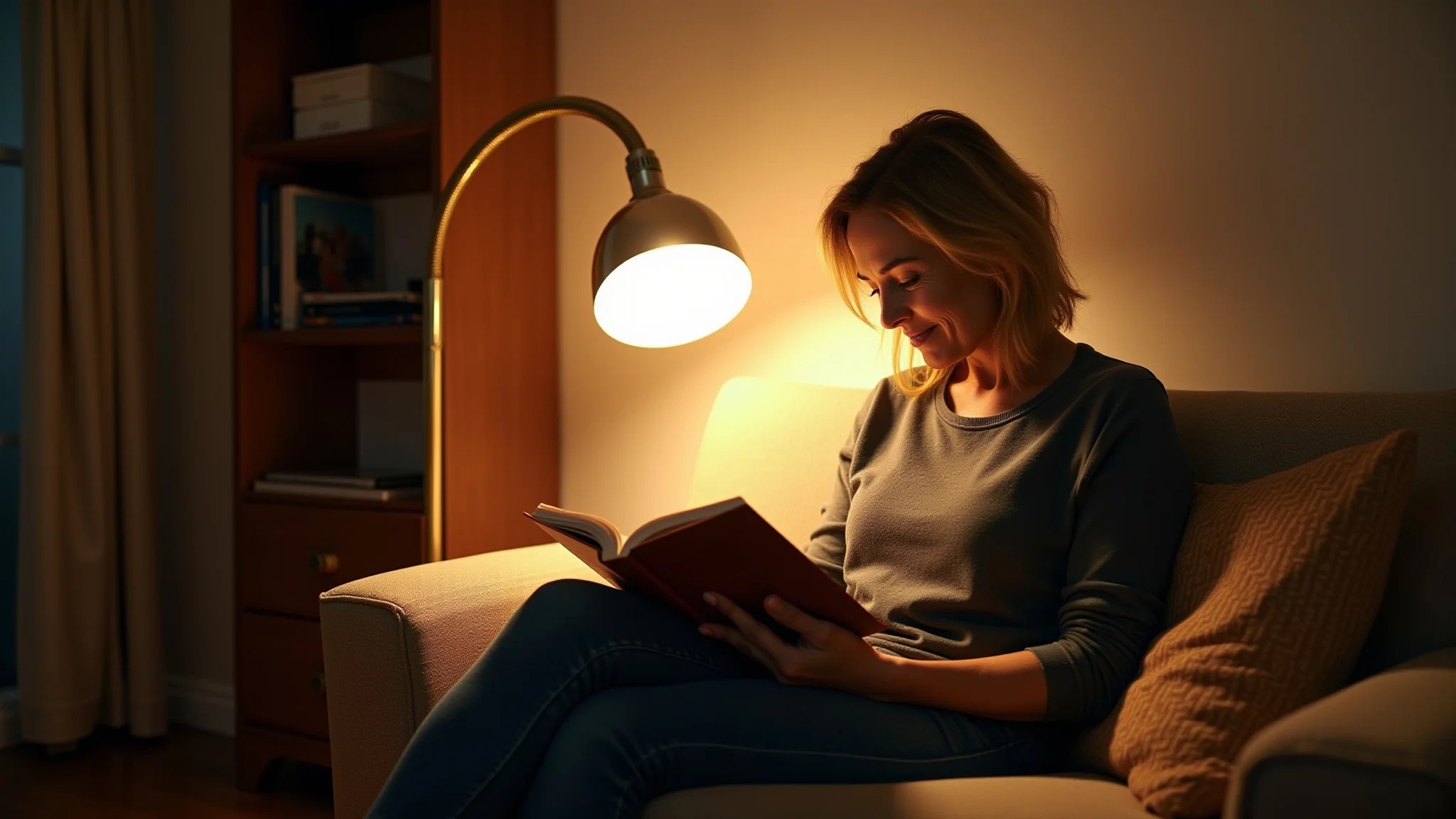 Mulher lendo em sala pequena iluminada por luminária flexível, luz quente e estilo brasileiro.