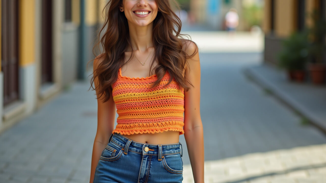 Mulher jovem com cropped de crochê e saia jeans de cintura alta.