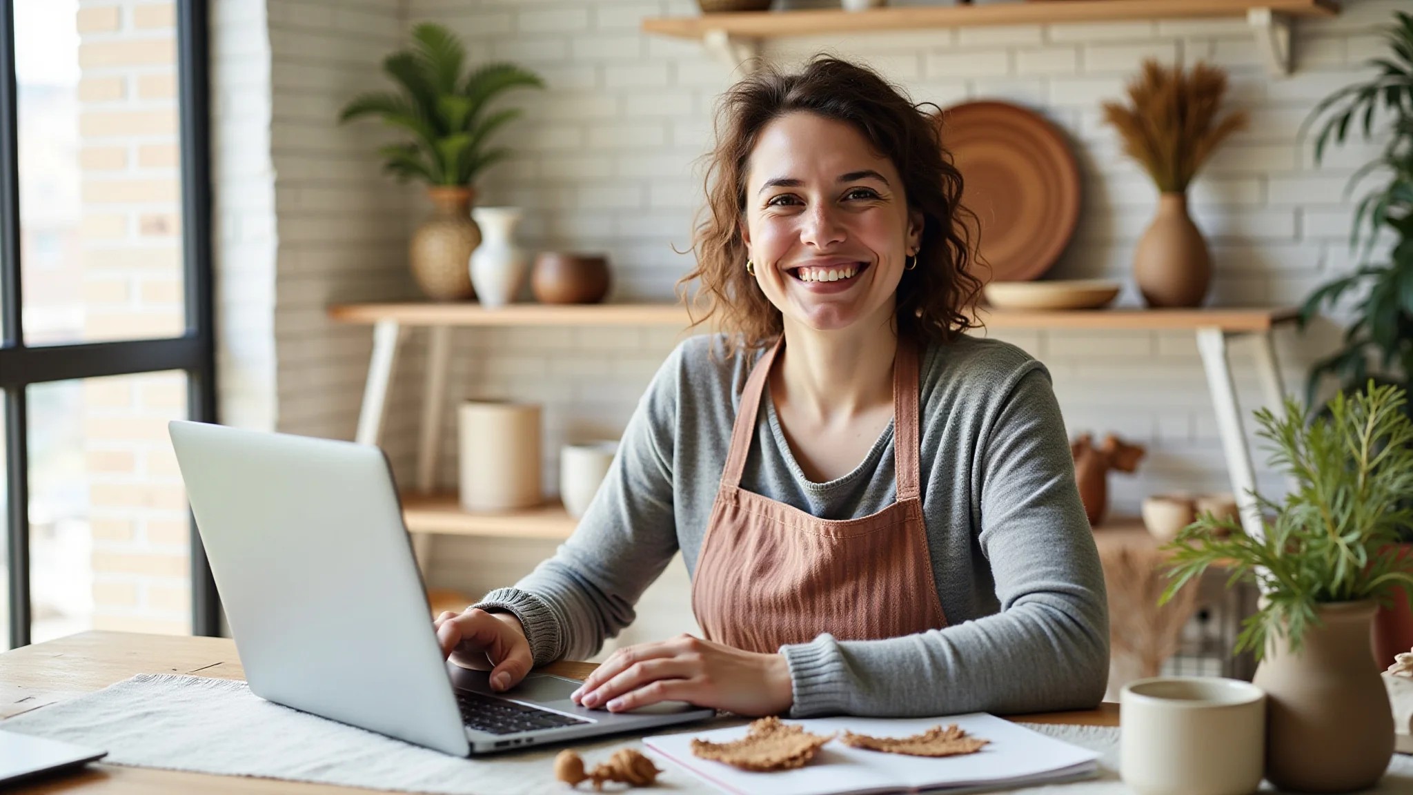 Artesã sorrindo, cercada por seu artesanato, loja online aberta no laptop.
