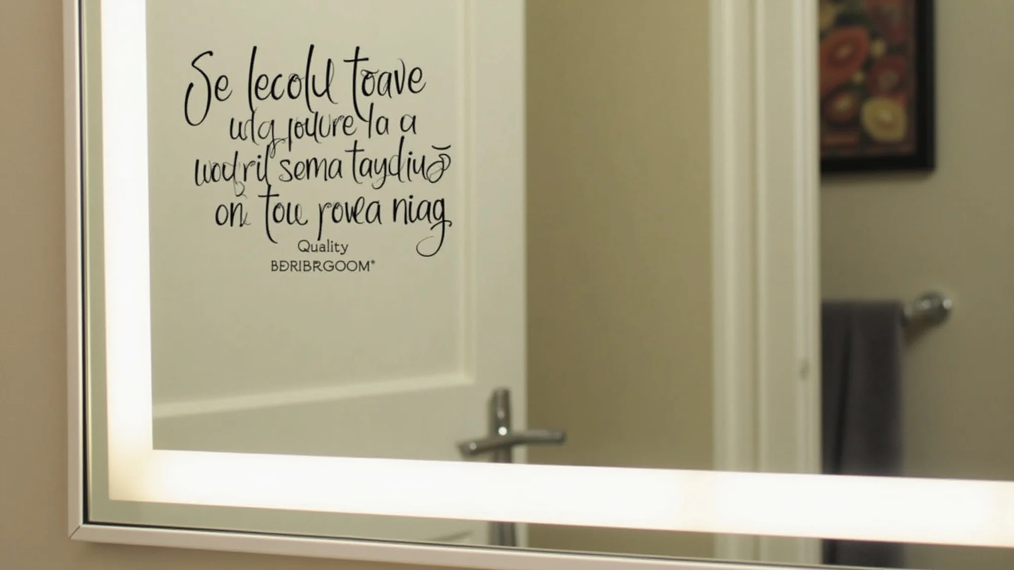 Espelho de banheiro decorado com adesivo com frase inspiradora, ambiente iluminado.